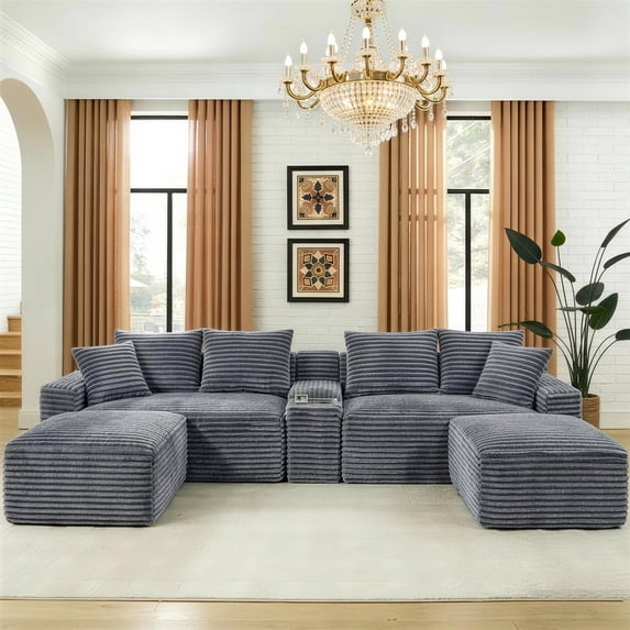 Aukfa 127" Cloud Sectional Sofa U Shaped Boneless Couch with USB&Cupholdes Storage Console for Living Room, Corduroy, Gray