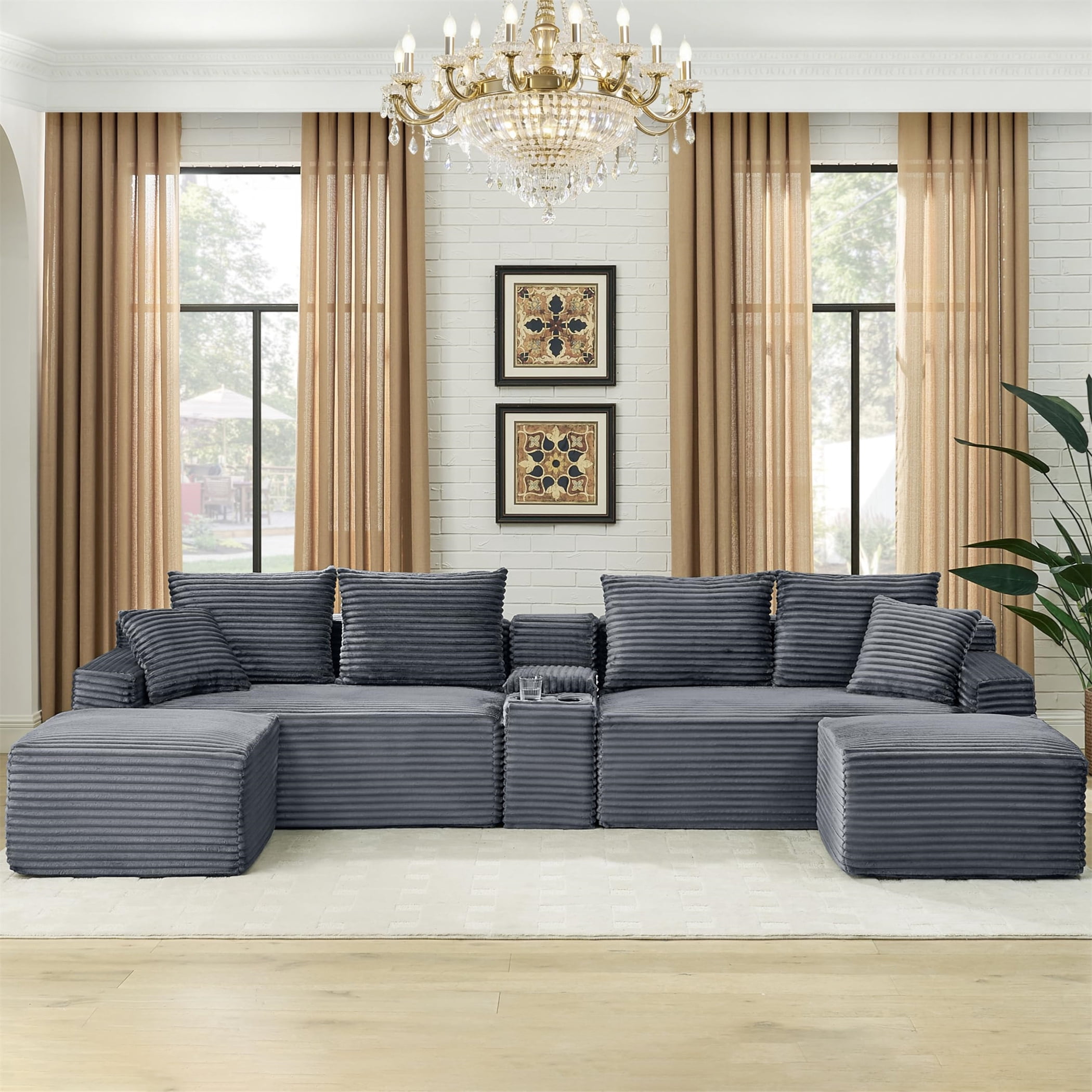 Aukfa 127" U Shaped Cloud Sectional Sofa Modular Boneless Couch with USB&Cupholdes Storage Console for Living Room, Corduroy, Dark Gray