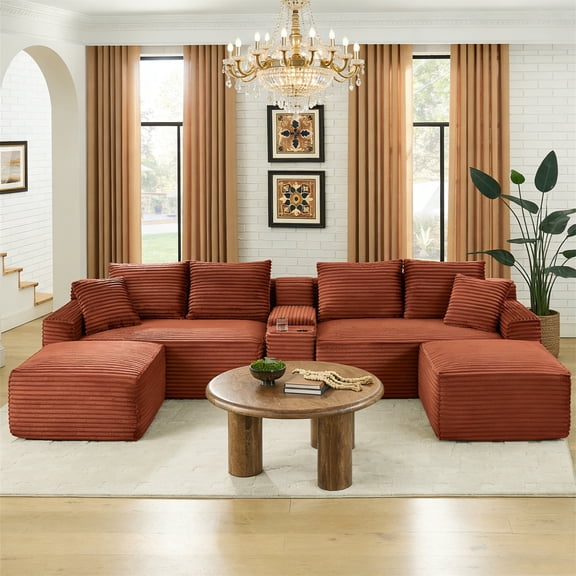 Aukfa 127" U Shaped Cloud Sectional Sofa Modular Boneless Couch with USB&Cupholdes Storage Console for Living Room, Corduroy, Orange