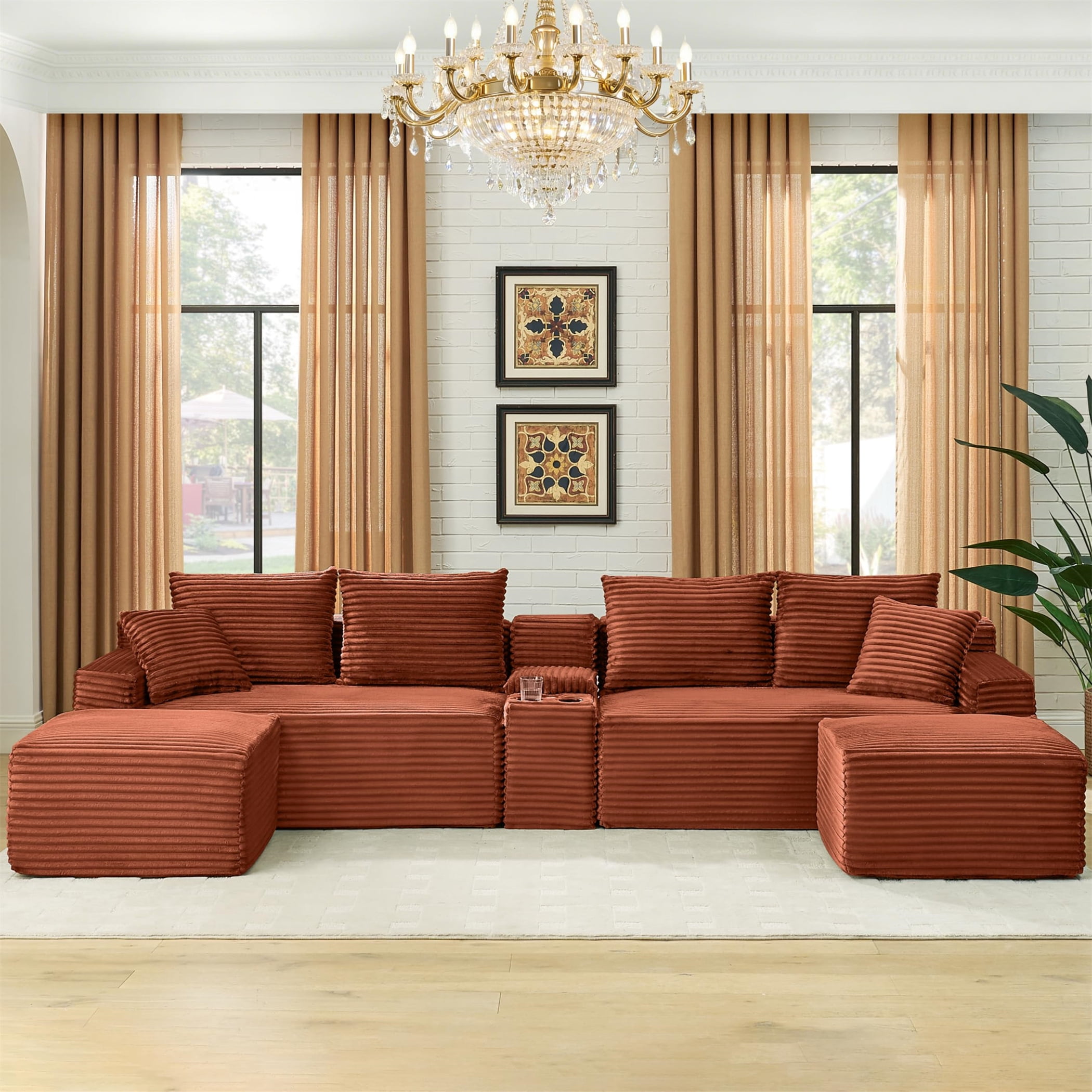 Aukfa 127" U Shaped Cloud Sectional Sofa Modular Boneless Couch with USB&Cupholdes Storage Console for Living Room, Corduroy, Orange