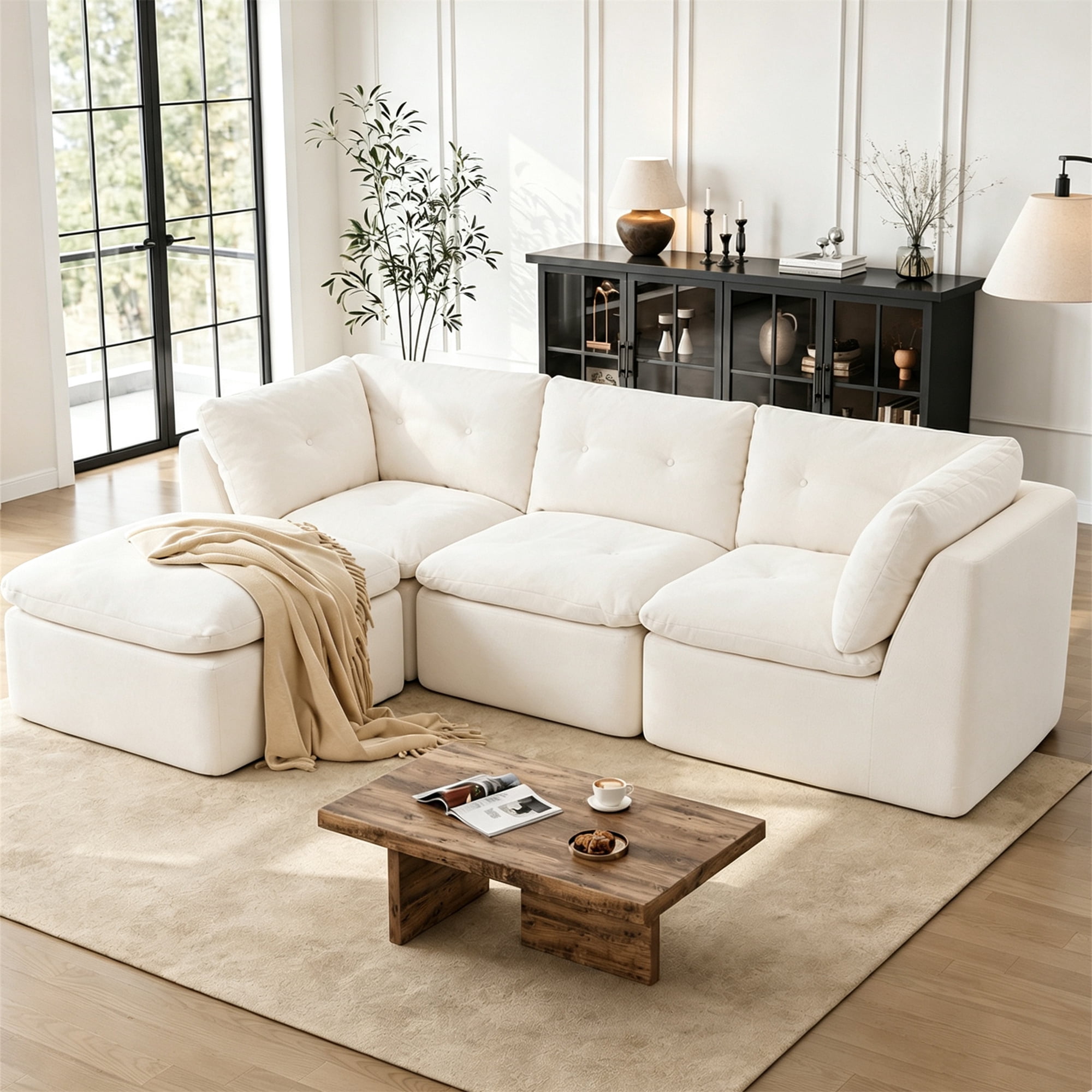 Aukfa 112" Cloud Sectional Sofa Oversized Modular Boneless Couch Reversible L-Shaped Couch for Living Room, Chenille, Beige