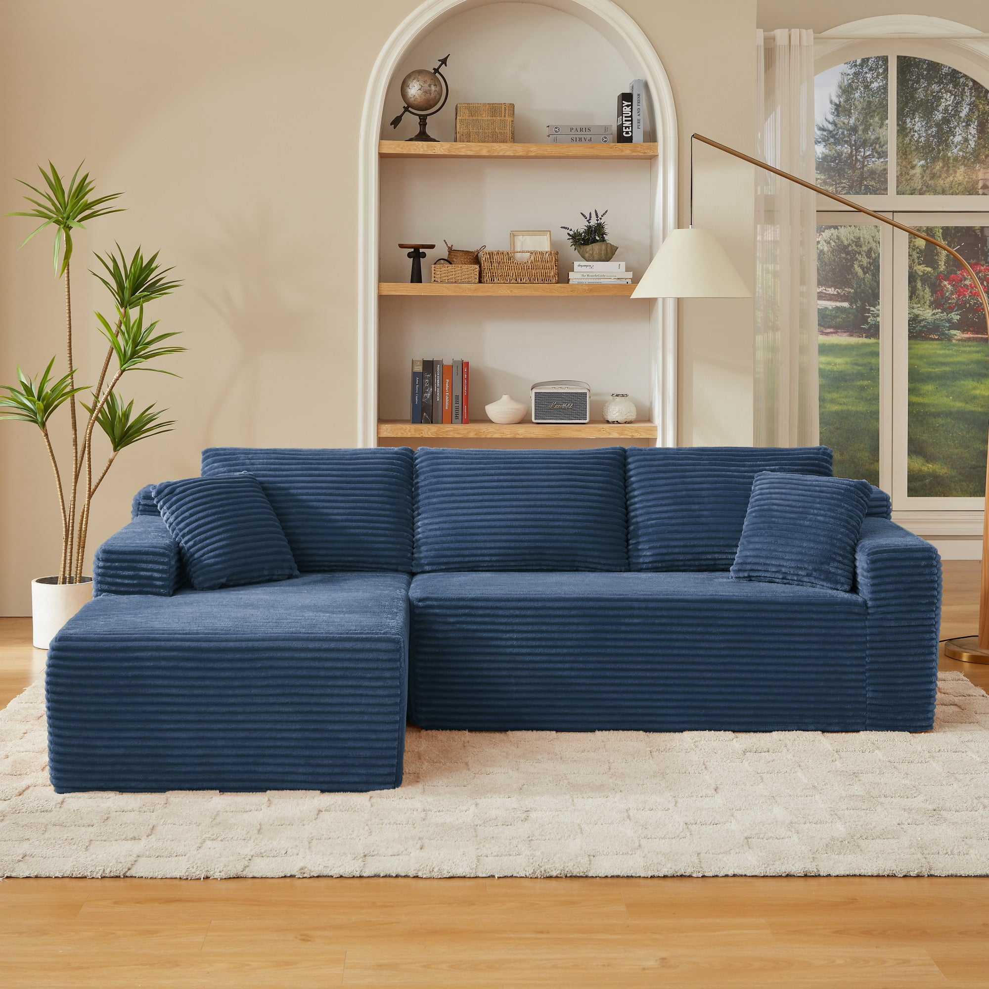 Aukfa 103" Modular Cloud Sectional Sofa, L-Shaped Boneless Couch with Left-Facing Chaise, Deep Seat Corduroy Sleeper Sofa for Living Room, Blue