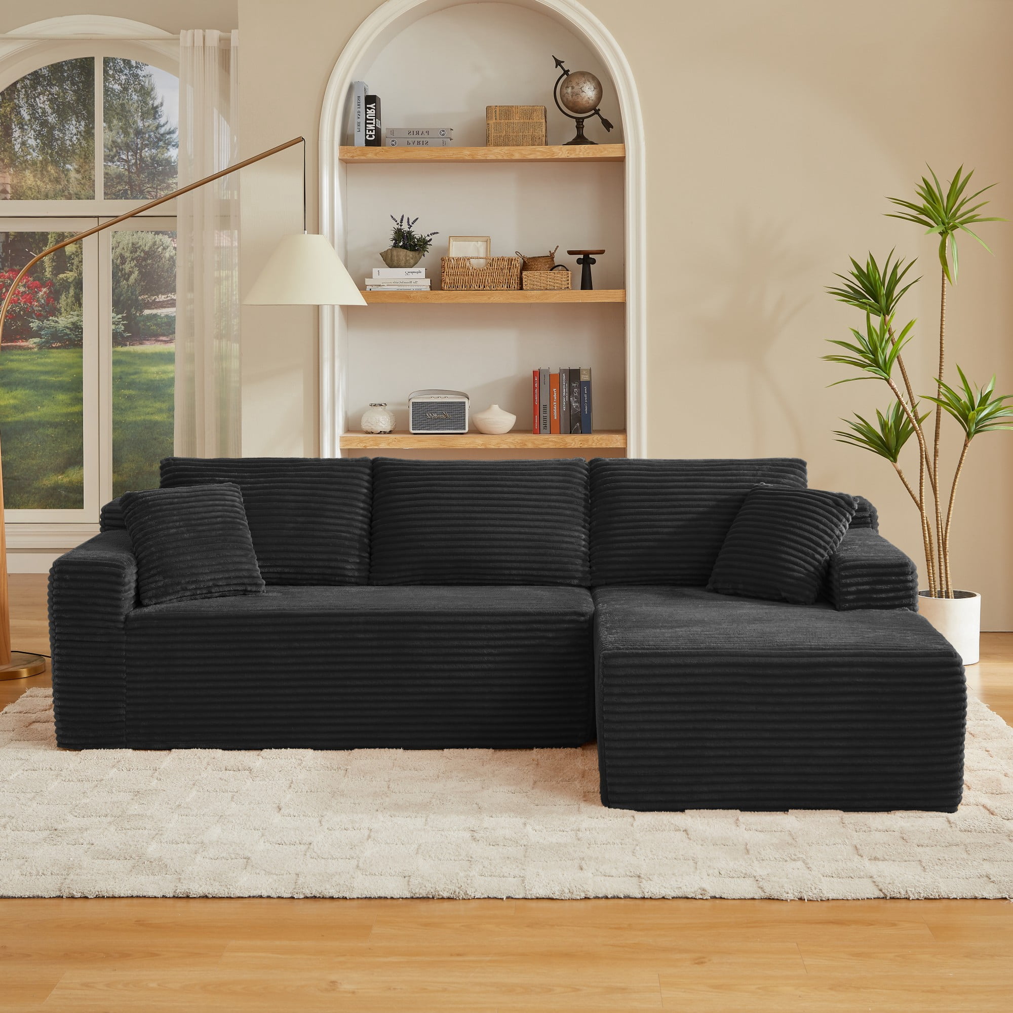 Aukfa 103" Modular Cloud Sectional Sofa, L-Shaped Boneless Couch with Right-Facing Chaise, Deep Seat Corduroy Sleeper Sofa for Living Room, Black