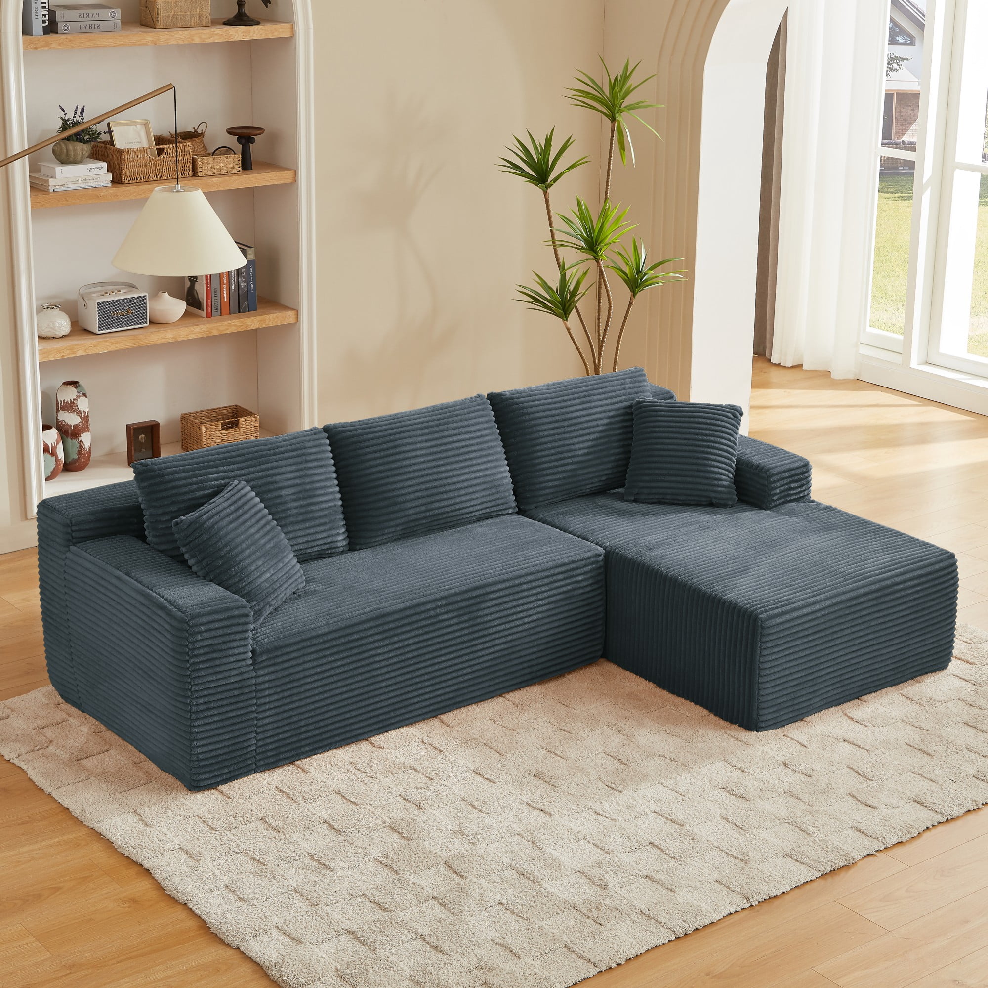 Aukfa 103" Modular Cloud Sectional Sofa, L-Shaped Boneless Couch with Right-Facing Chaise, Deep Seat Corduroy Sleeper Sofa for Living Room, Dark Gray
