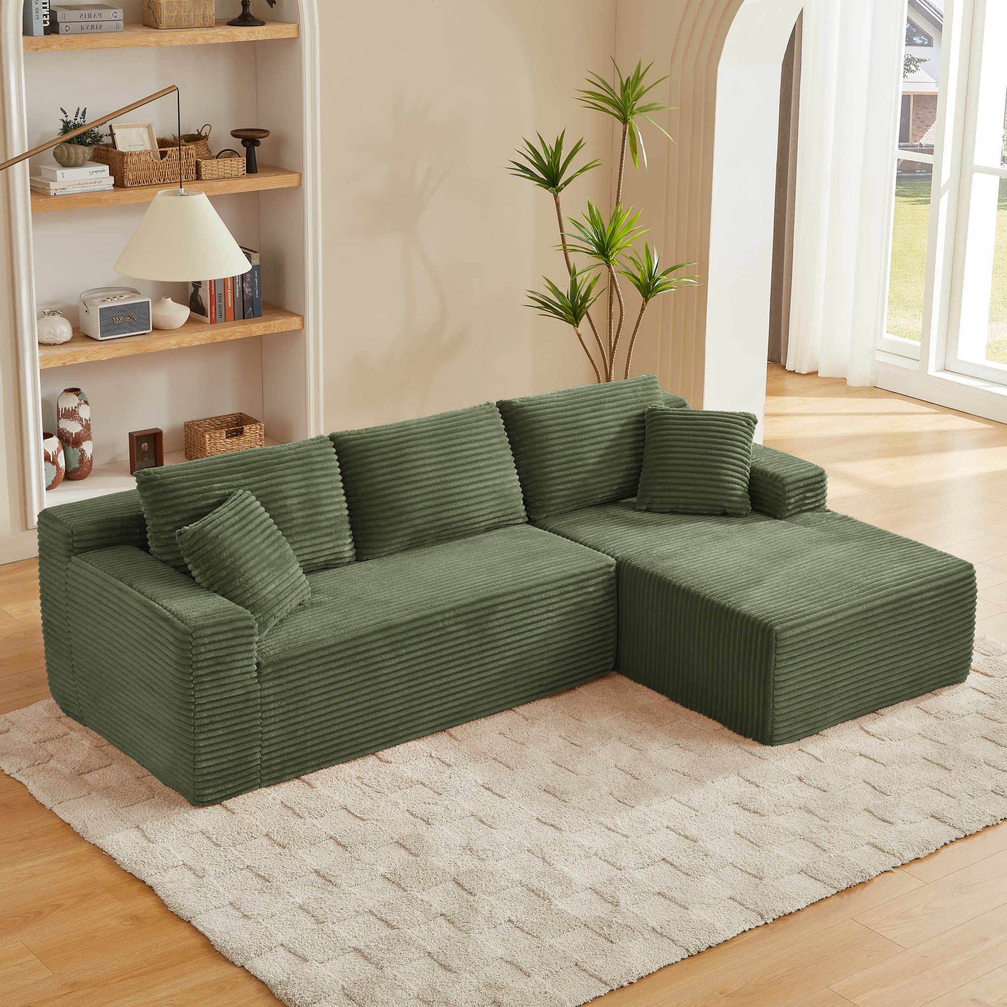Aukfa 103" Modular Cloud Sectional Sofa, L-Shaped Boneless Couch with Right-Facing Chaise, Deep Seat Corduroy Sleeper Sofa for Living Room, Green