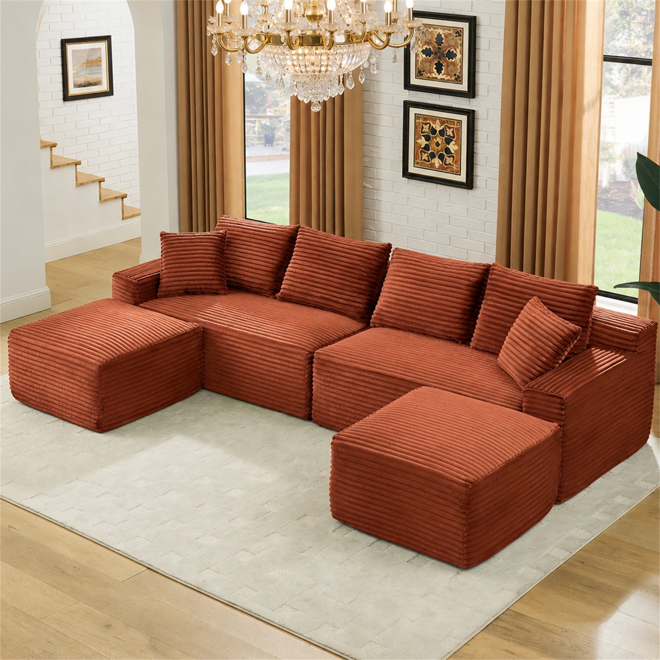 Aukfa 115" Cloud Sectional Sofa U Shape Modular Boneless Couch for Living Room, 2 Ottoman&Pillows, Corduroy, Orange
