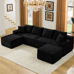 Aukfa 115" Cloud Sectional Sofa U Shape Modular Boneless Couch for Living Room, 2 Ottoman&Pillows, Corduroy, Black