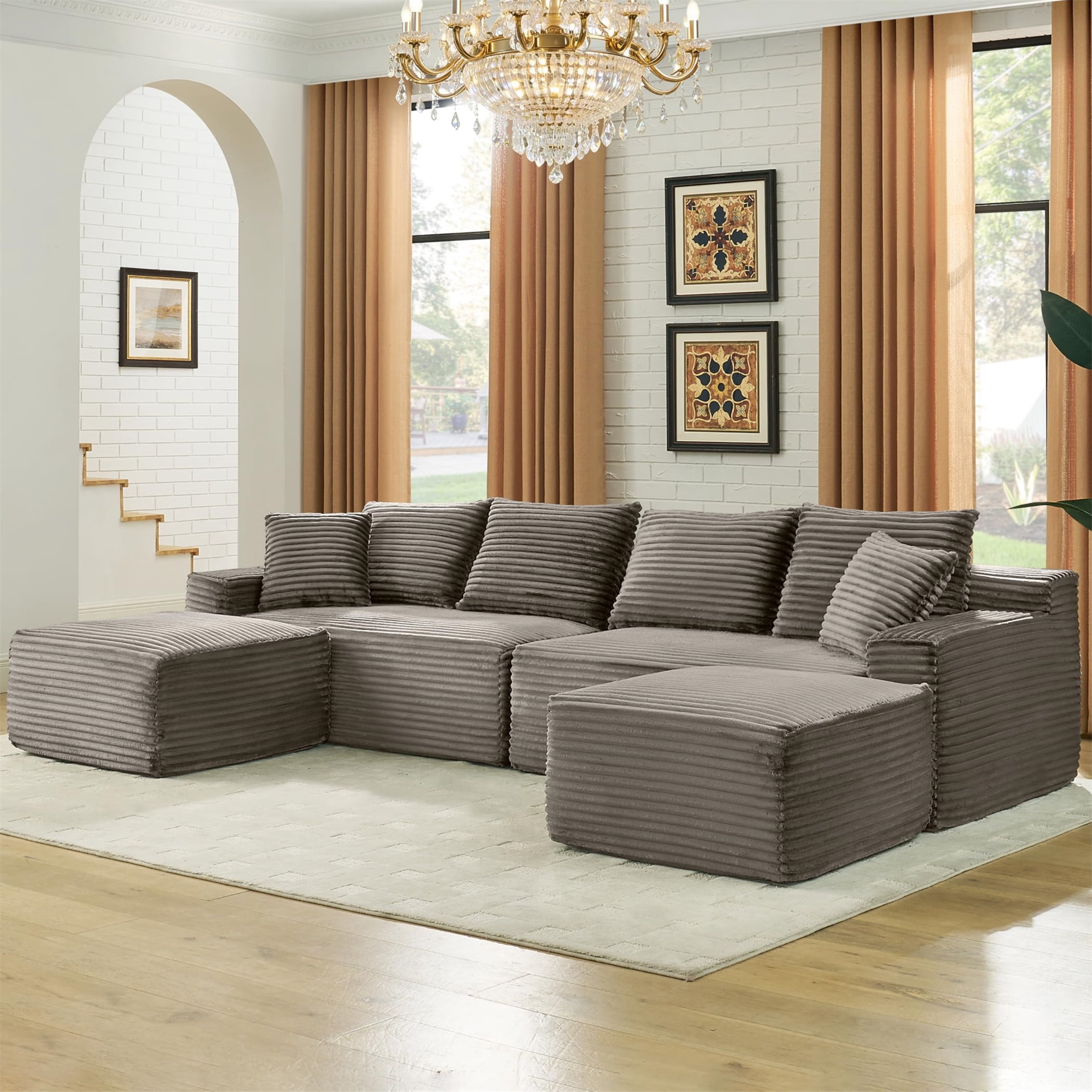 Aukfa 115" Cloud Sectional Sofa U Shape Modular Boneless Couch for Living Room, 2 Ottoman&Pillows, Corduroy, Brown