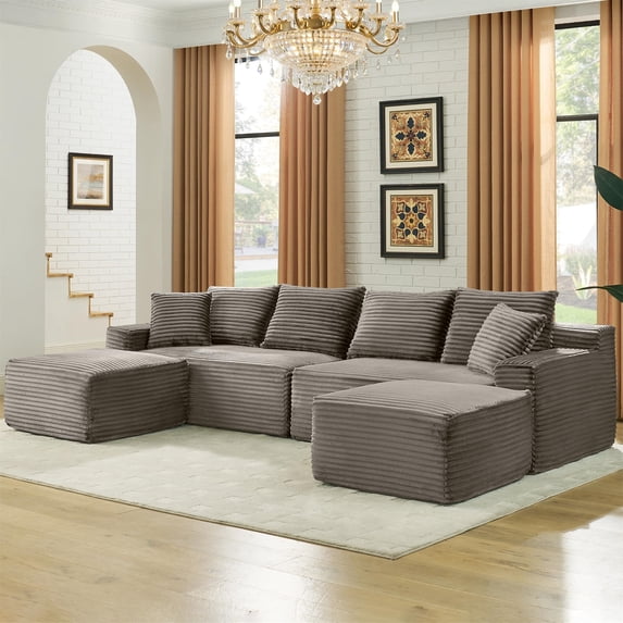 Aukfa 115" Cloud Sectional Sofa U Shape Modular Boneless Couch for Living Room, 2 Ottoman&Pillows, Corduroy, Brown