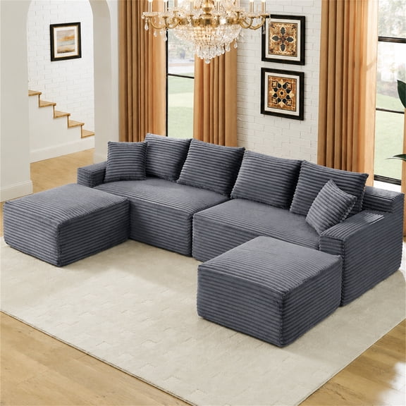 Aukfa 115" Cloud Sectional Sofa U Shape Modular Boneless Couch for Living Room, 2 Ottoman&Pillows, Corduroy, Dark Gray