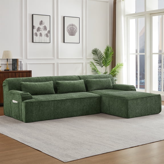 Aukfa 103" Modular Sectional Couch, Deep Seat Boneless Sofa with 3 Lumbar Pillows, No Assembly, Right Chaise, Green