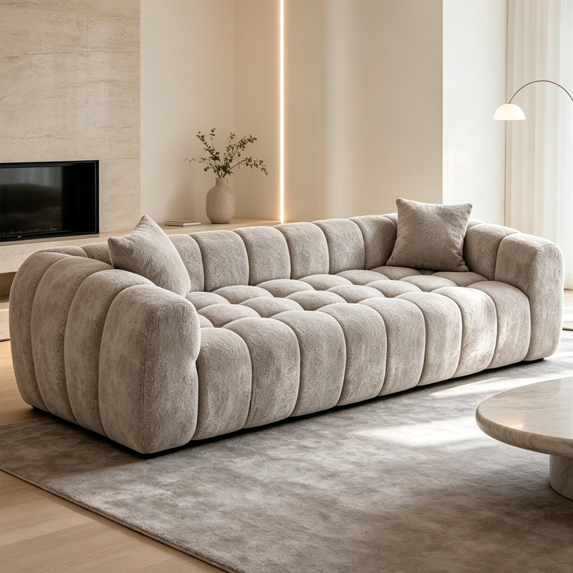 Aukfa 103" Oversized Boucle Cloud Sofa Deep Seat Boneless Couch with Square Tufted for Living Room, 2Pillows, Camel