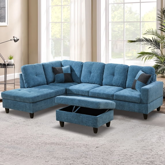 Aukfa 103" Sectional Sofa with Storage Ottoman, L Shape Couch for Living Room, Left Facing Chaise, Flannel, Blue
