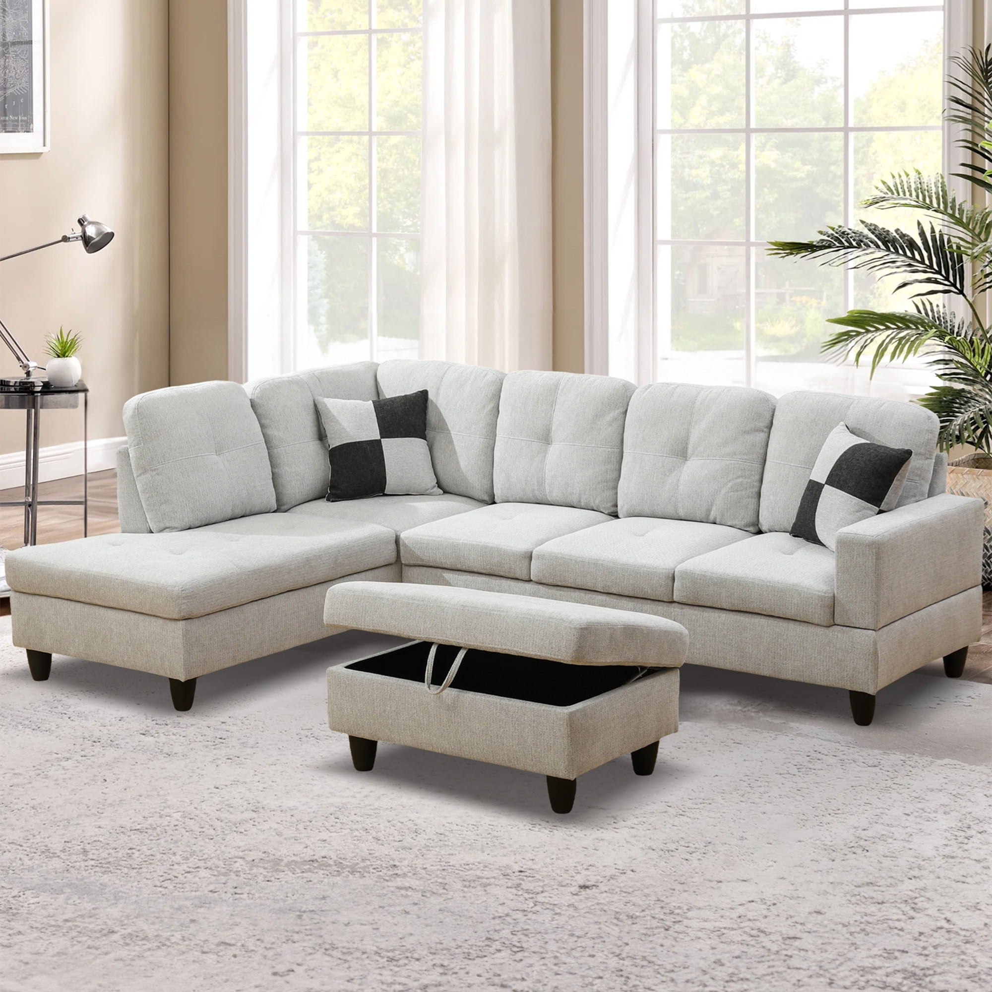 Aukfa 103" Sectional Sofa with Storage Ottoman, L Shape Couch for Living Room, Left Facing Chaise, Flannel, Off White