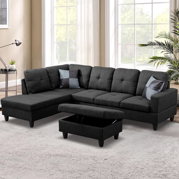 Aukfa 103" Sectional Sofa with Storage Ottoman, L Shape Couch for Living Room, Left Facing Chaise, Linen, Dark Gray