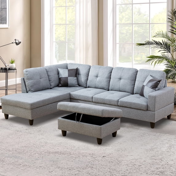 Aukfa 103" Sectional Sofa with Storage Ottoman, L Shape Couch for Living Room, Left Facing Chaise, Linen, Gray