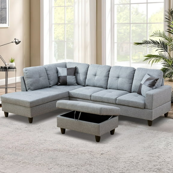 Aukfa 103" Sectional Sofa with Storage Ottoman, L Shape Couch for Living Room, Left Facing Chaise, Linen, Gray
