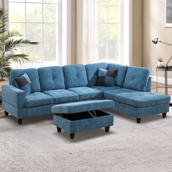 Aukfa 103" Sectional Sofa with Storage Ottoman, L Shape Couch for Living Room, Right Facing Chaise, Flannel, Blue