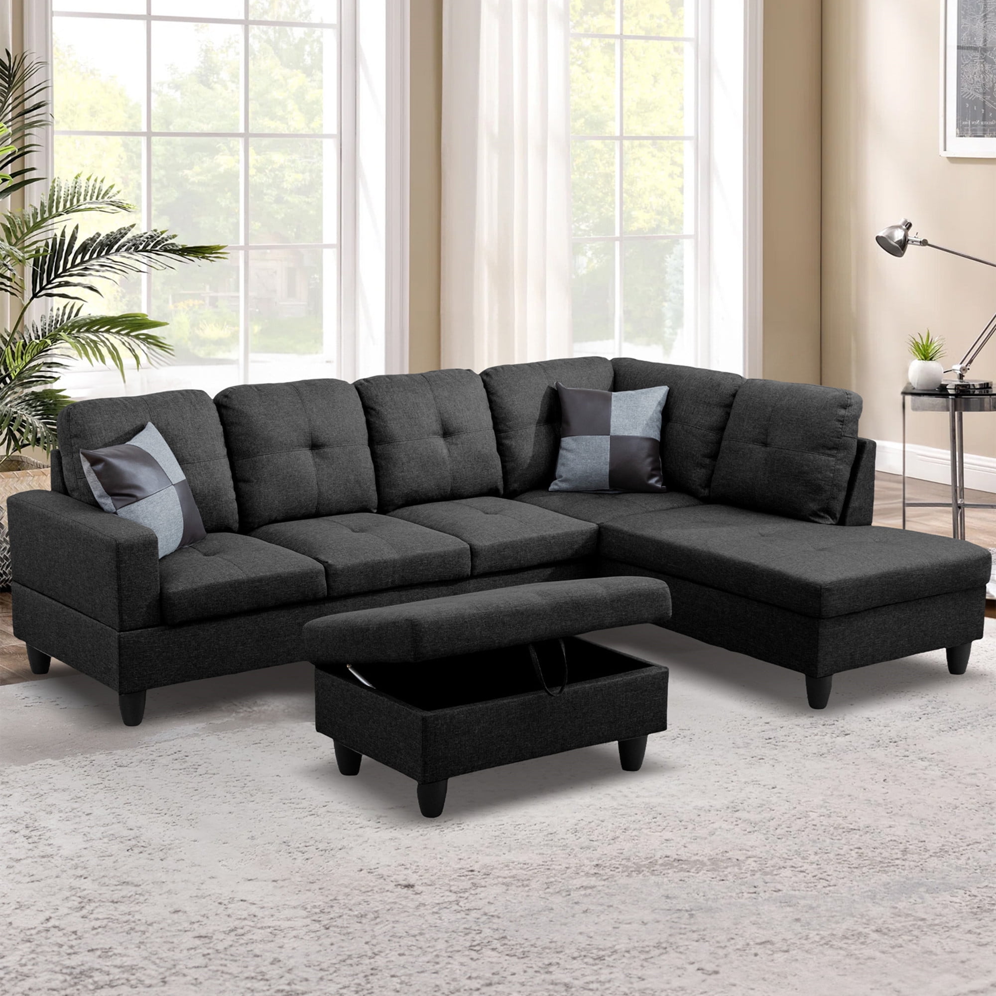 Aukfa 103" Sectional Sofa with Storage Ottoman, L Shape Couch for Living Room, Right Facing Chaise, Linen, Dark Gray