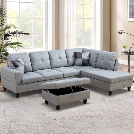 Aukfa 103" Sectional Sofa with Storage Ottoman, L Shape Couch for Living Room, Right Facing Chaise, Linen, Gray