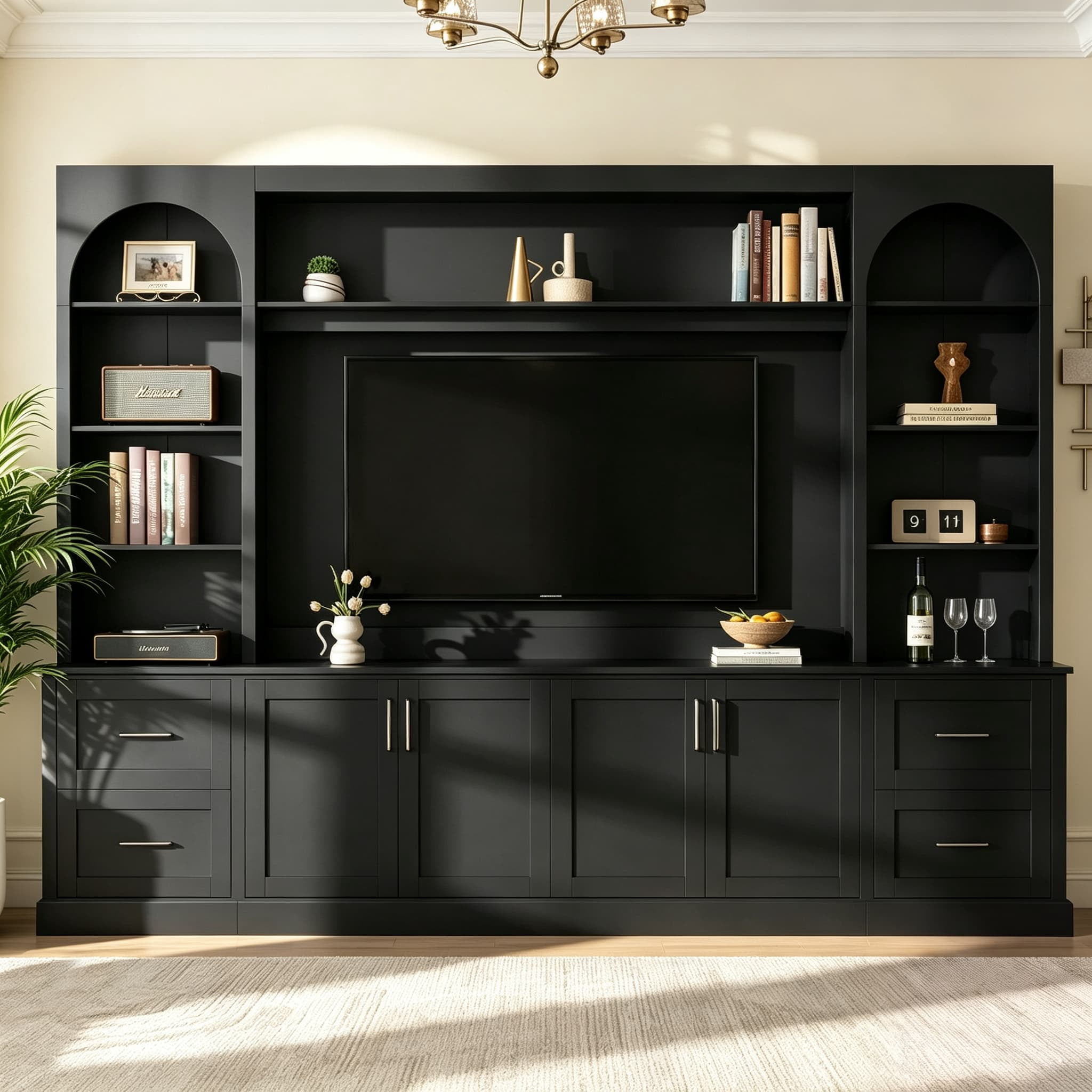Aukfa 103" W Wall Unit Modern TV Stand for TVs up to 65" - Large Media Entertainment Center with Bookshelves for Living Room, Black