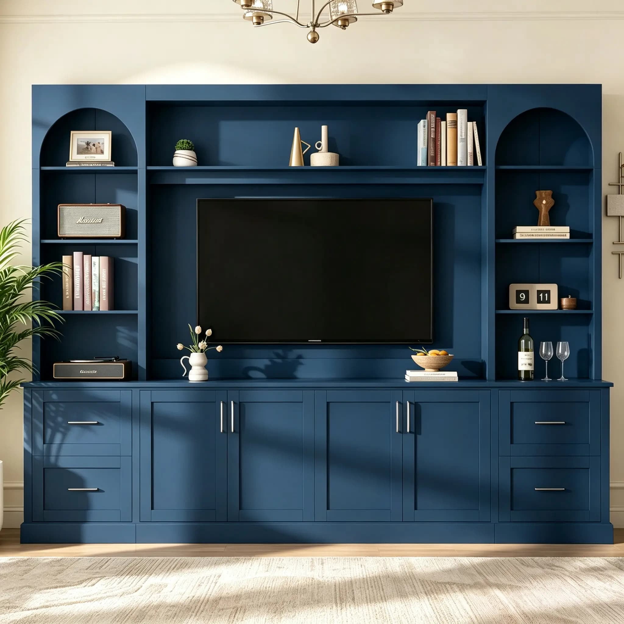Aukfa 103" W Wall Unit Modern TV Stand for TVs up to 65" - Large Media Entertainment Center with Bookshelves for Living Room, Blue