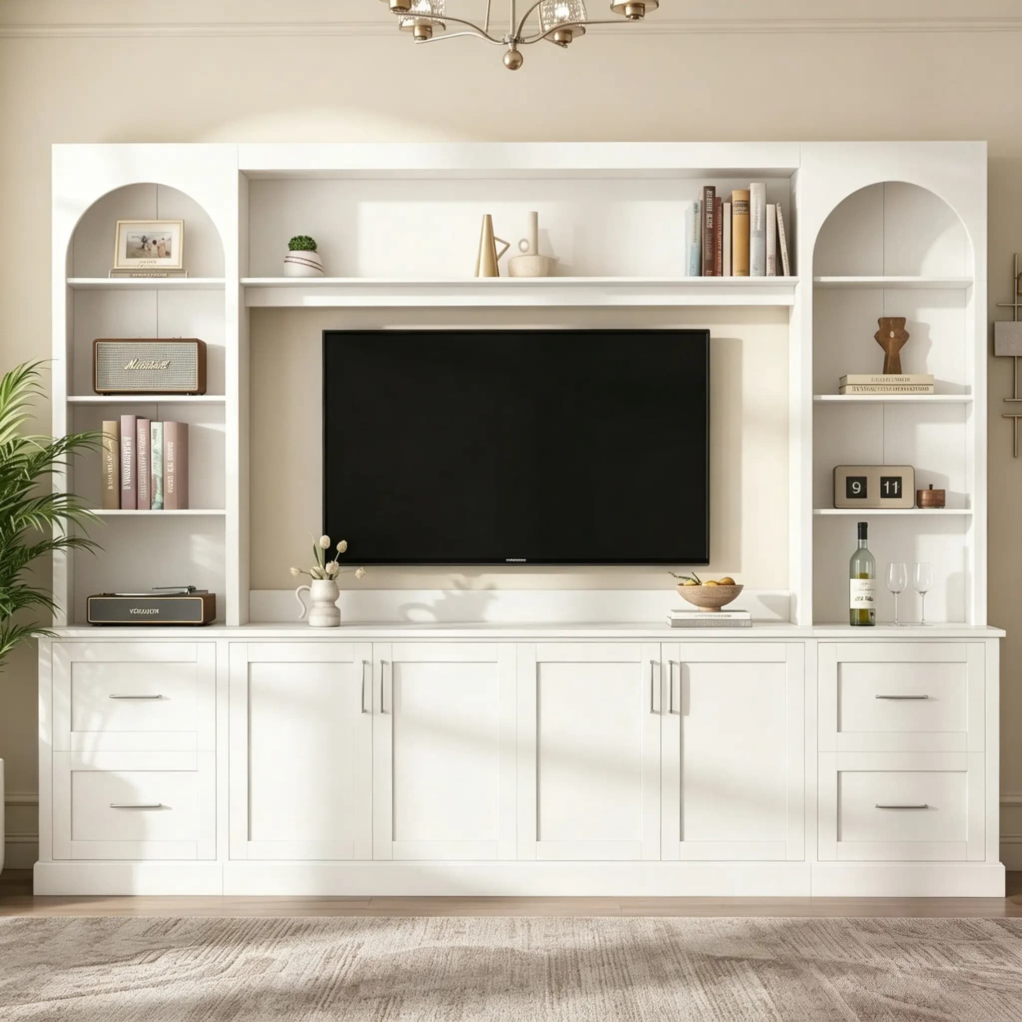 Aukfa 103" W Wall Unit Modern TV Stand for TVs up to 65" - Large Media Entertainment Center with Bookshelves for Living Room, White