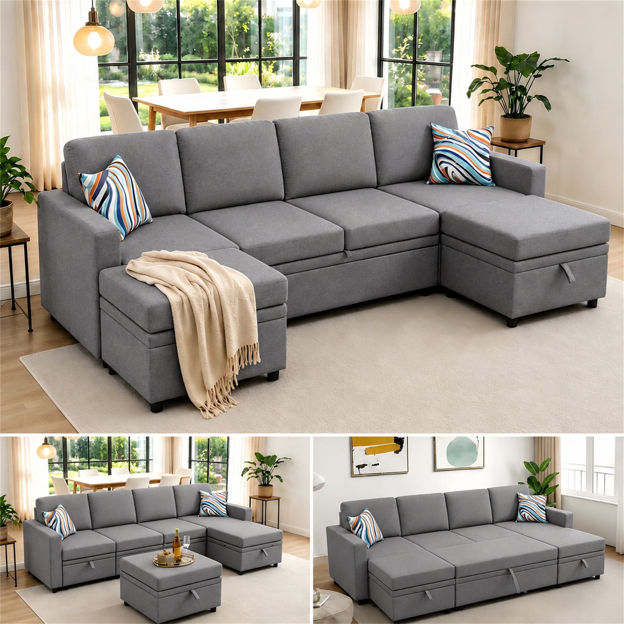 Aukfa 100" U-Shape Convertible Sectional Sleeper Sofa Bed for Living Room, 2 Storage Ottoman&Pillows, 6 Seat Modular Sofa, Linen, Gray