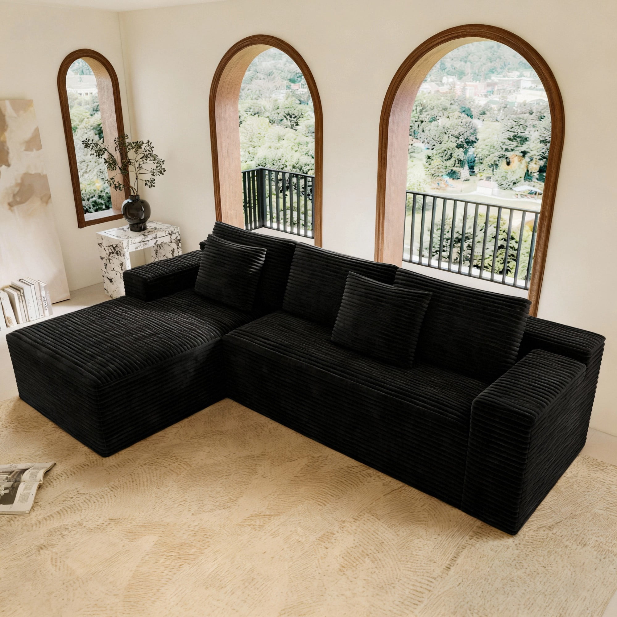 Aukfa 104" Modular Cloud Sectional Sofa with Left-Facing Chaise, Plush Corduroy Upholstered Deep Seat Couch, No Assembly Required for Living Room/Bedroom/Apartment, Black