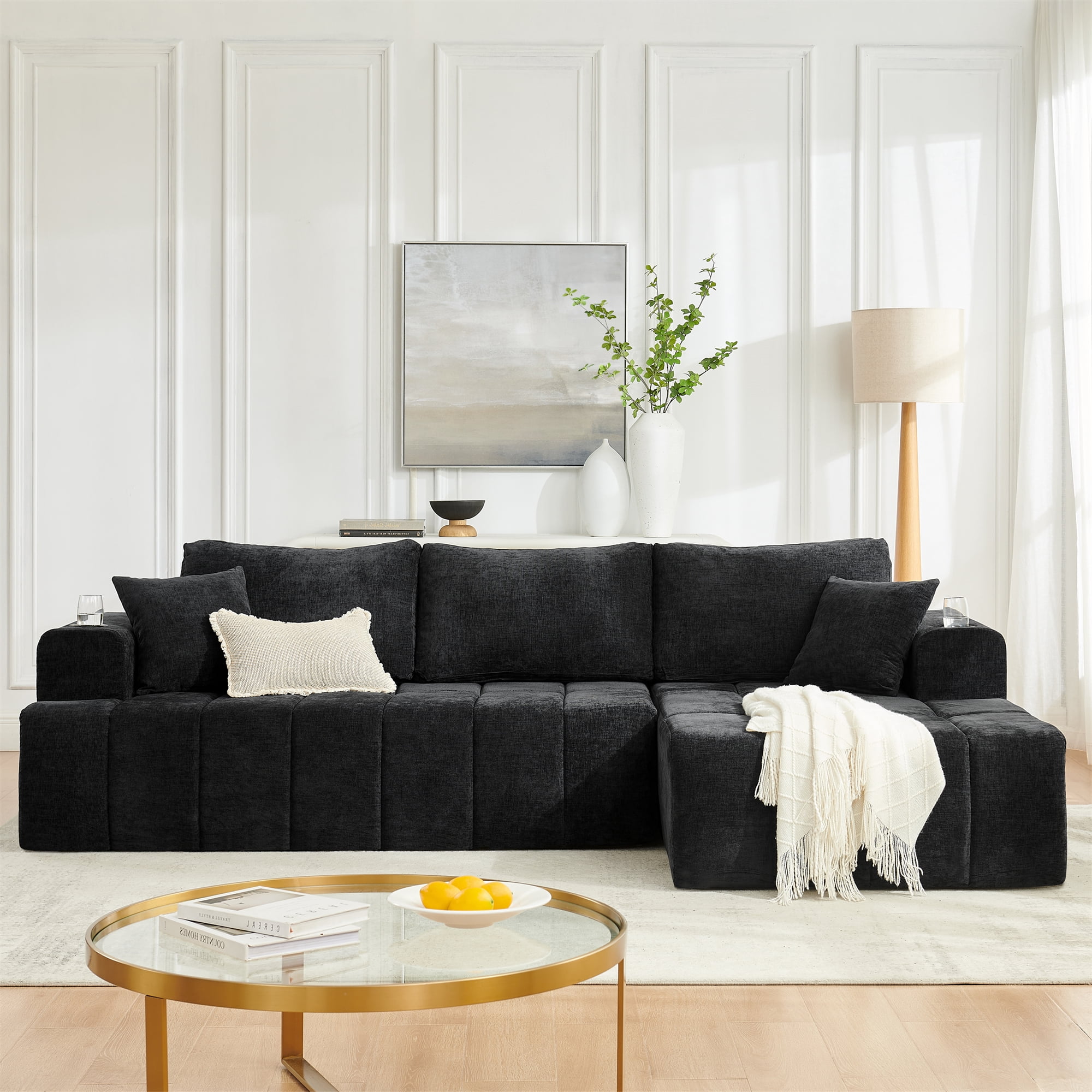 Aukfa 108" Cloud Sectional Sofa, Deep Seat Modular L-Shape Boneless Couch with 2 Cup Holders & Side Pockets, Right Chaise, Chenille, Black