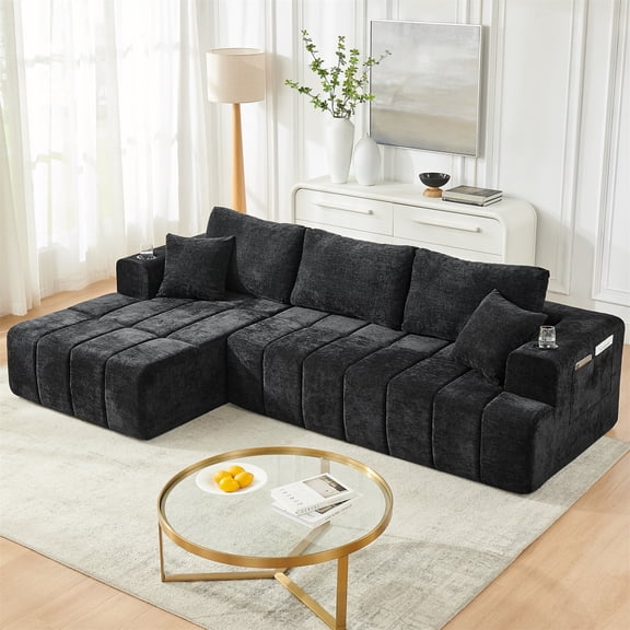 Aukfa 108" Cloud Sectional Sofa, Deep Seat Modular L-Shape Boneless Couch with 2 Cup Holders & Side Pockets, Left Chaise, Chenille, Black