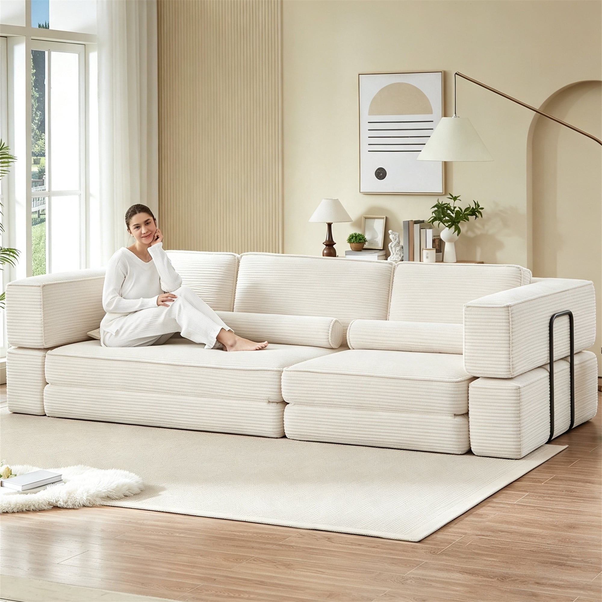 Aukfa 109" Oversized Convertible Sofa Bed Futon with Fixed Frame, Folding Pull Out Modular Boneless Sofa for Living Room, Corduroy, Beige