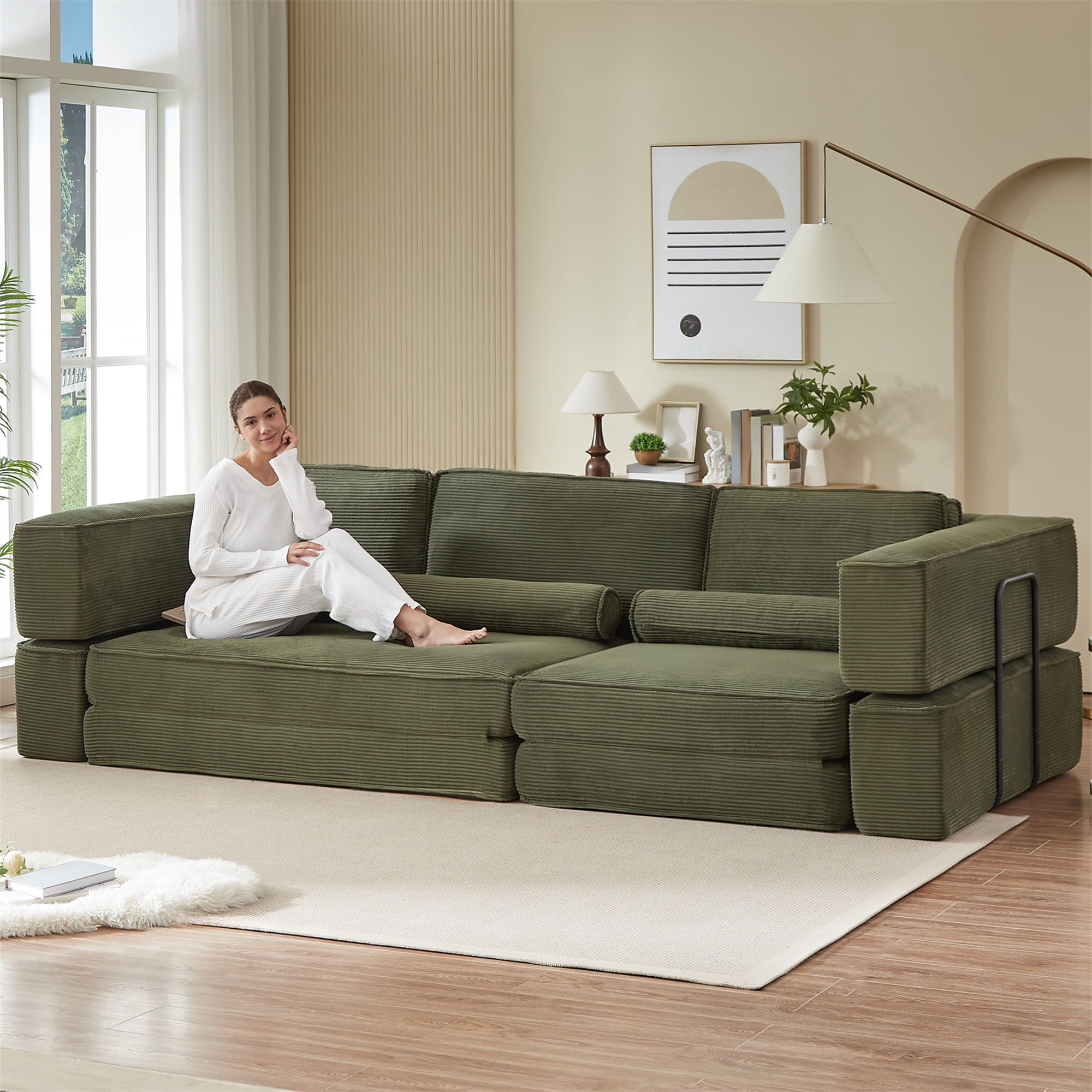 Aukfa 109" Oversized Convertible Sofa Bed Futon with Fixed Frame, Folding Pull Out Modular Boneless Sofa for Living Room, Corduroy, Green