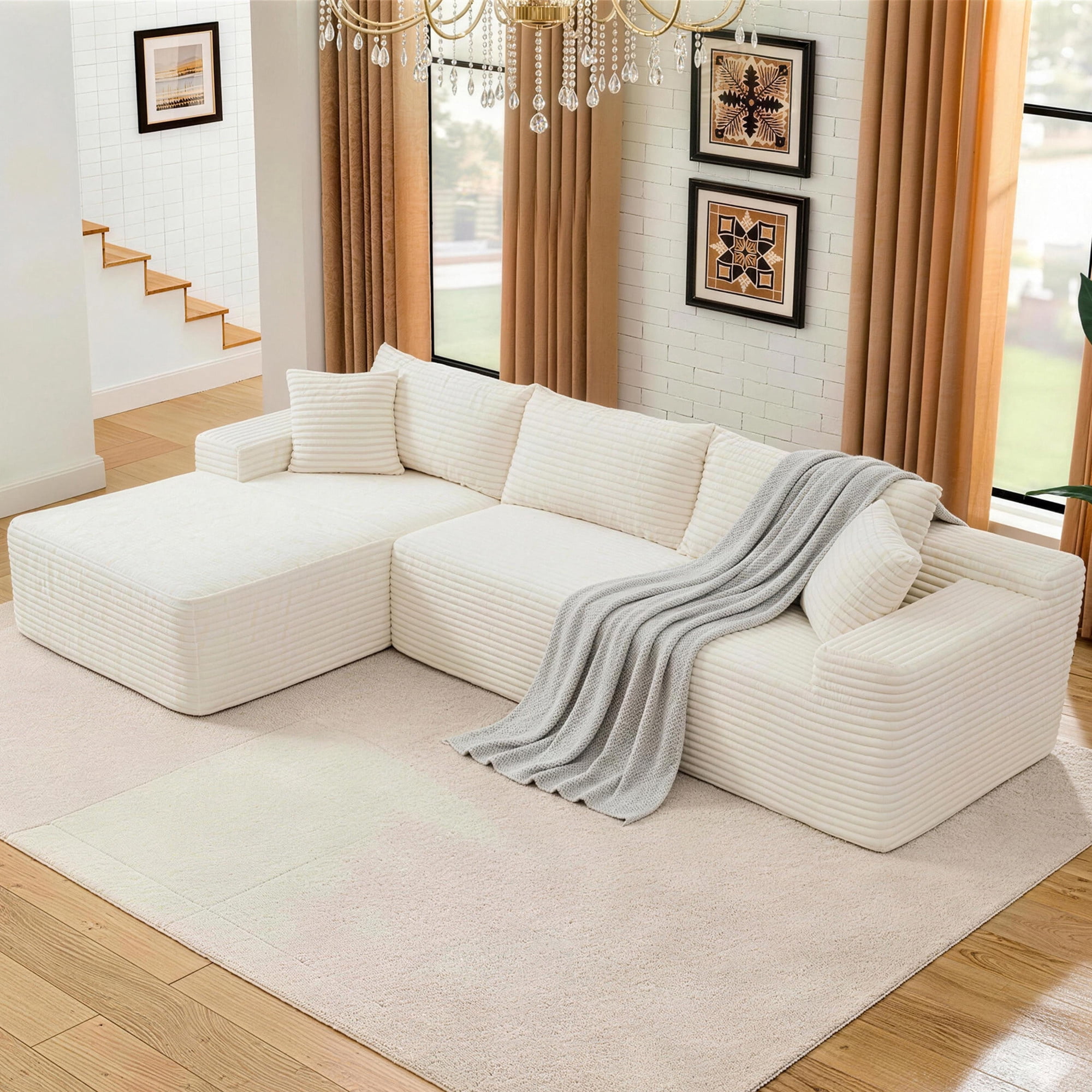 Aukfa 105" Cloud Sectional Sofa Boneless Couch Modular Sofa Bed for Living Room, 2Pillows, Left Chiase, Corduroy, Beige