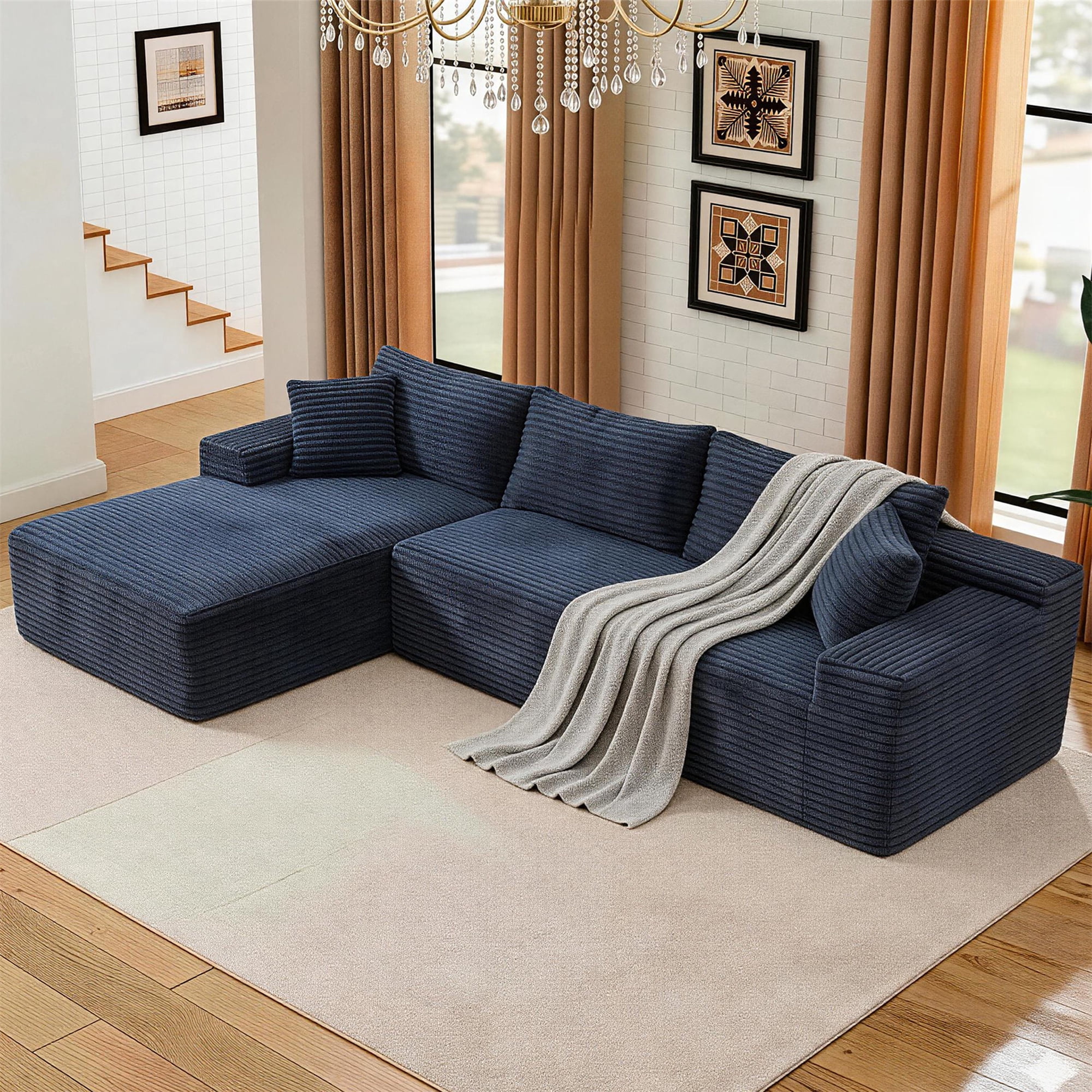 Aukfa 105" Cloud Sectional Sofa Boneless Couch Modular Sofa Bed for Living Room, 2Pillows, Left Chiase, Corduroy, Blue