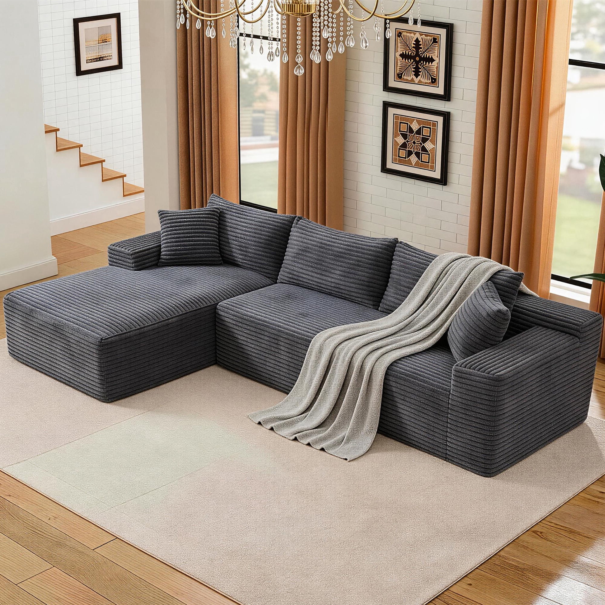 Aukfa 105" Cloud Sectional Sofa Boneless Couch Modular Sofa Bed for Living Room, 2Pillows, Left Chiase, Corduroy, Gray