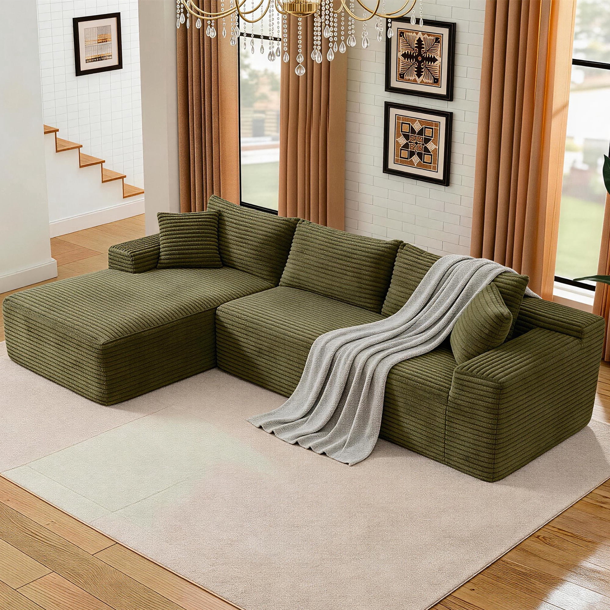 Aukfa 105" Cloud Sectional Sofa Boneless Couch Modular Sofa Bed for Living Room, 2Pillows, Left Chiase, Corduroy, Green