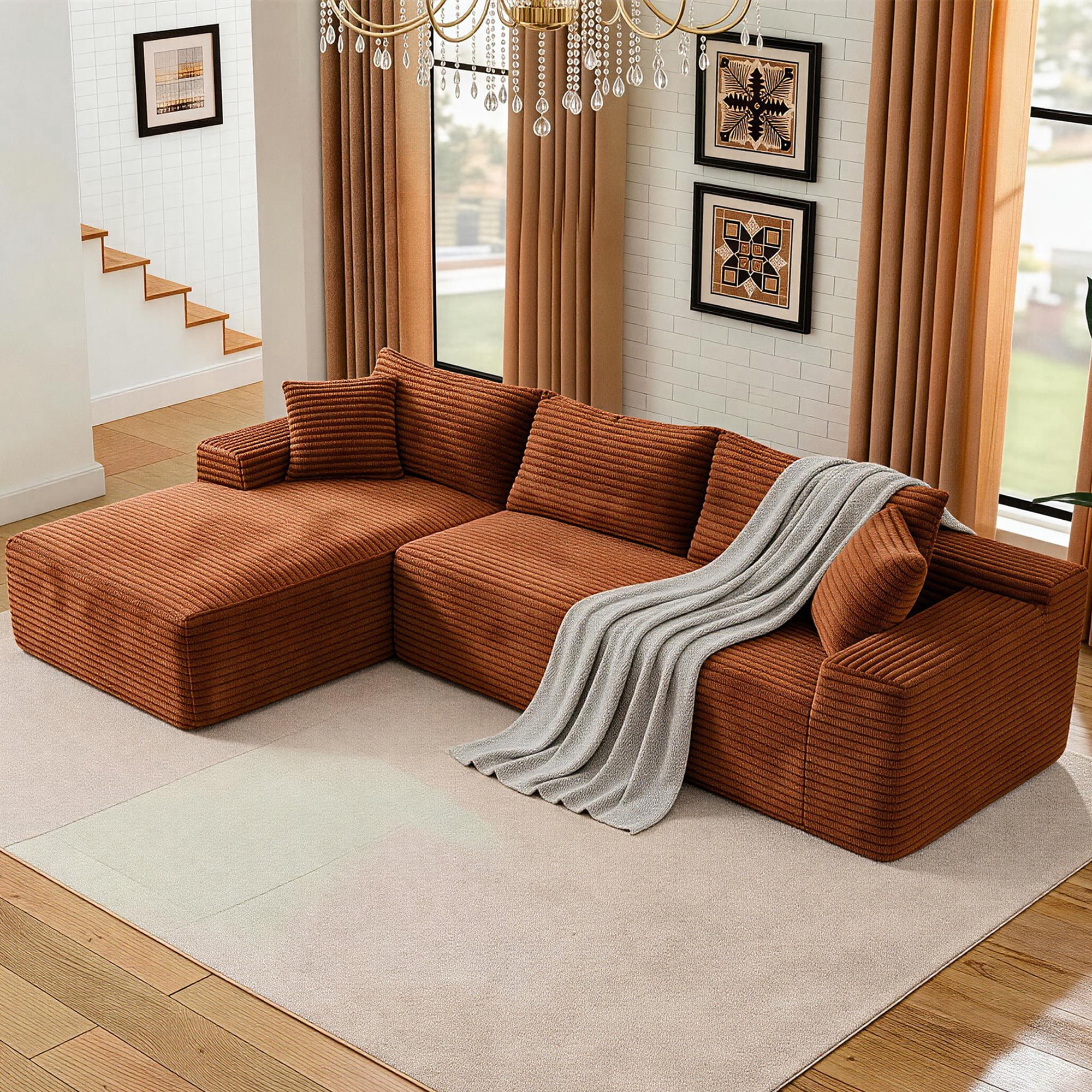 Aukfa 105" Cloud Sectional Sofa Boneless Couch Modular Sofa Bed for Living Room, 2Pillows, Left Chiase, Corduroy, Orange
