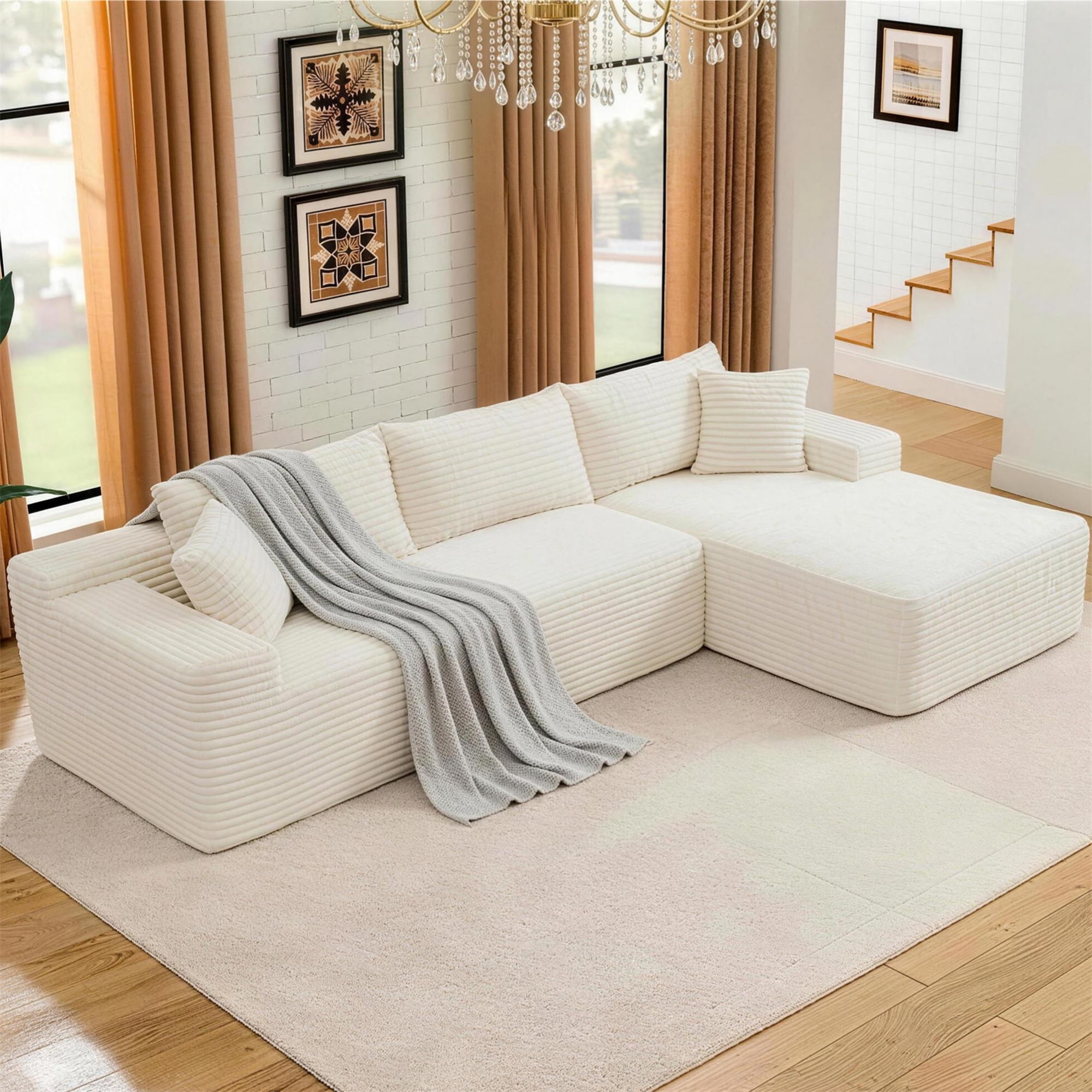 Aukfa 105" Cloud Sectional Sofa Boneless Couch Modular Sofa Bed for Living Room, 2Pillows, Right Chiase, Corduroy, Beige