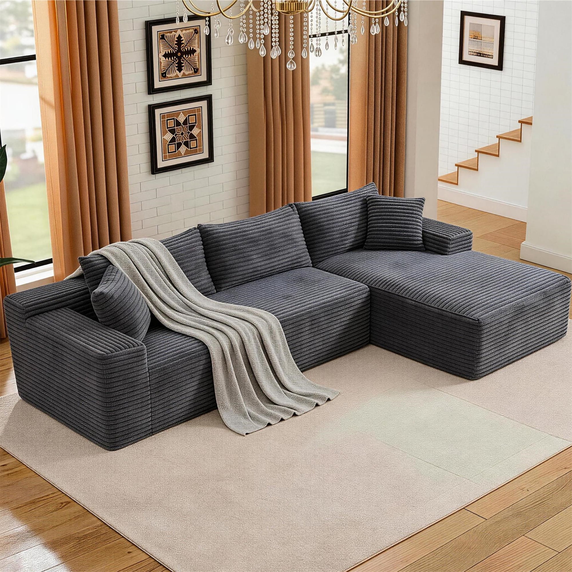 Aukfa 105" Cloud Sectional Sofa Boneless Couch Modular Sofa Bed for Living Room, 2Pillows, Right Chiase, Corduroy, Gray