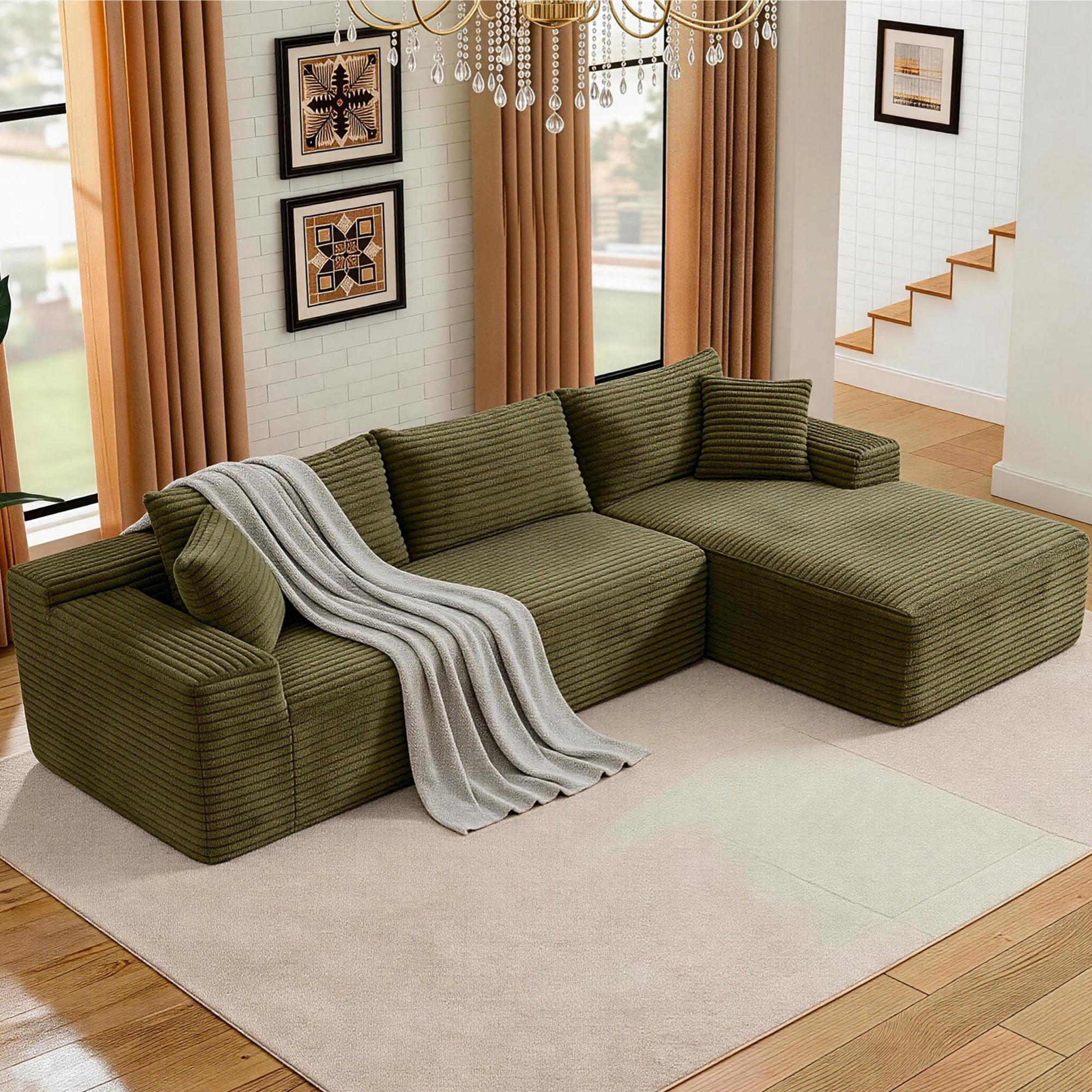 Aukfa 105" Cloud Sectional Sofa Boneless Couch Modular Sofa Bed for Living Room, 2Pillows, Right Chiase, Corduroy, Green
