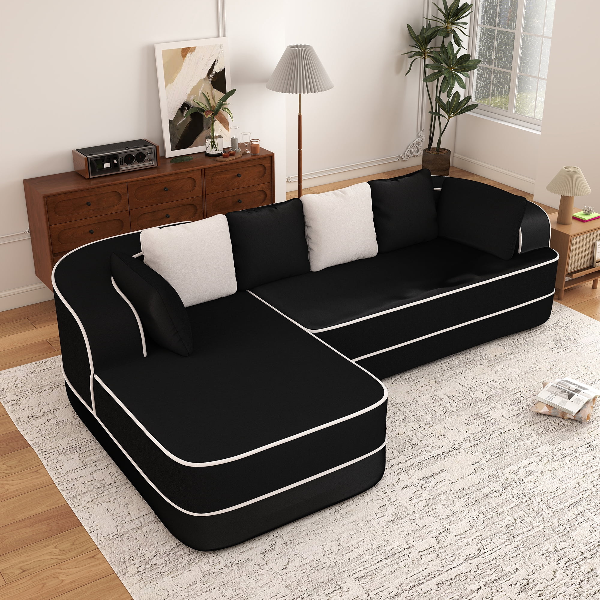 Aukfa 106" 2-Piece Modular Sectional Sofa for Living Room, Right Chaise, Plush Teddy Velvet, Black