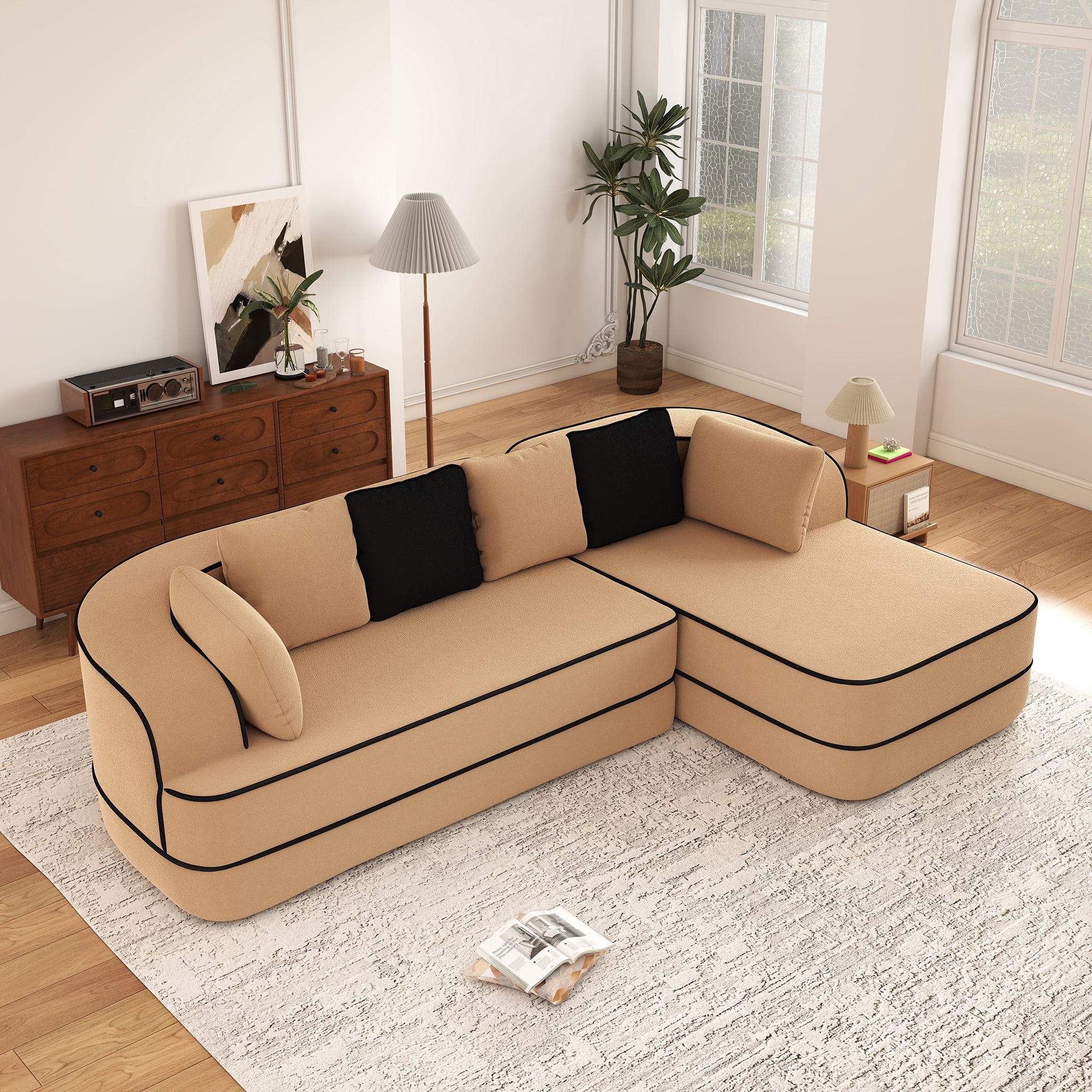 Aukfa 106" 2-Piece Modular Sectional Sofa for Living Room, Right Chaise, Plush Teddy Velvet, Camel
