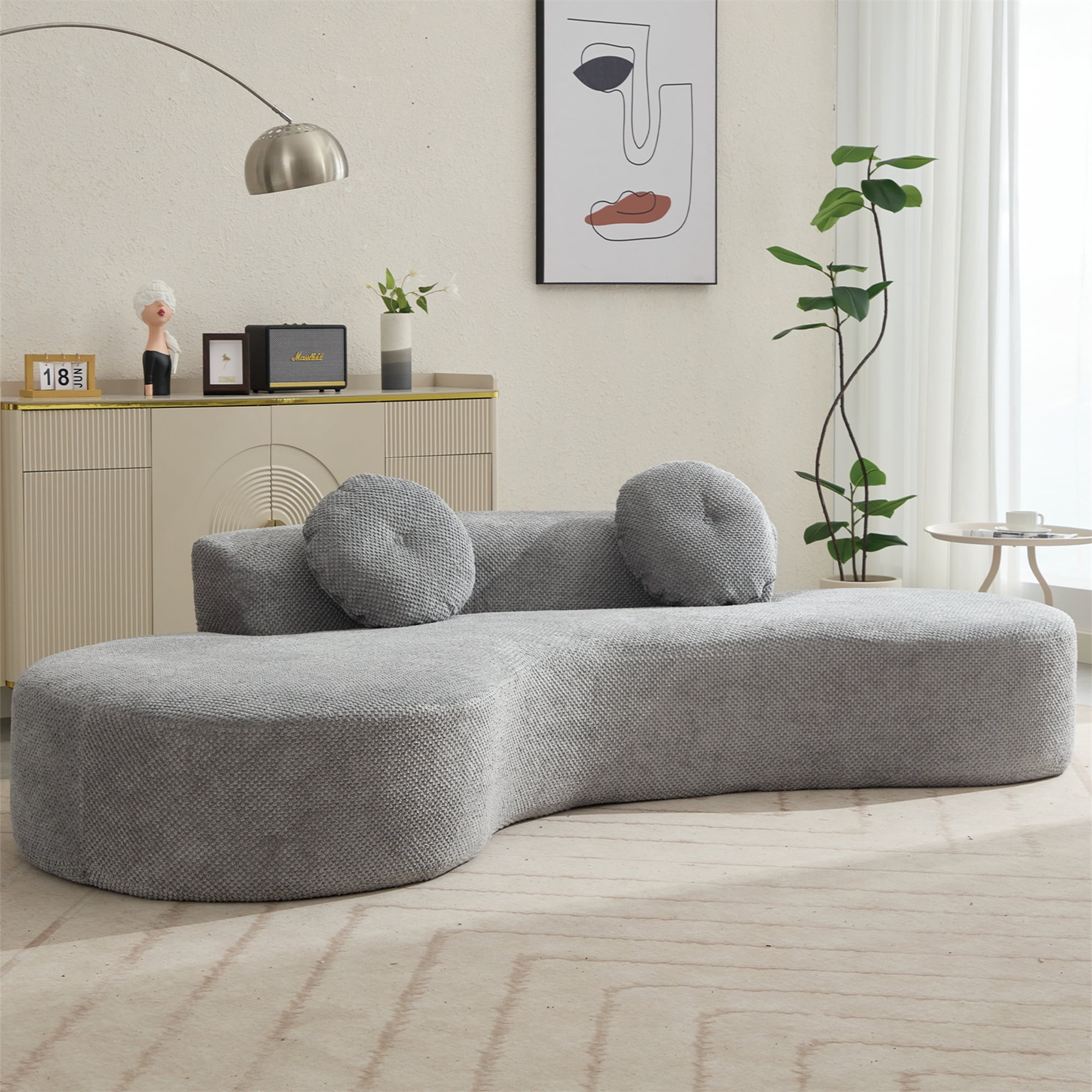 Aukfa 106" Curved Chaise Sofa Deep Seat Sofa for Living Room, 2 Pillows, Corduroy, Gray