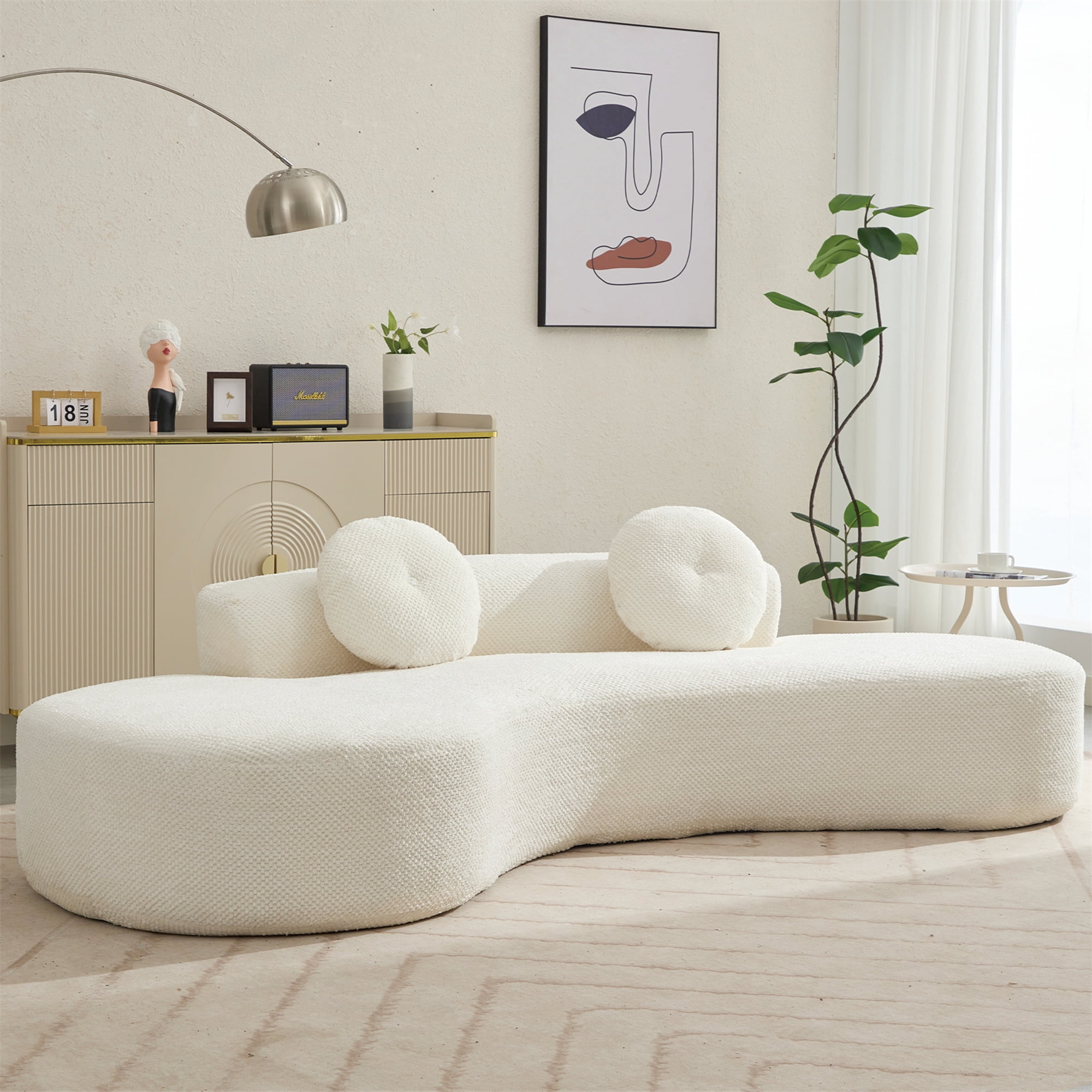 Aukfa 106" Deep Seat Sofa Curved Sleeper Couch for Living Room, 2 Pillows, Corduroy, Beige