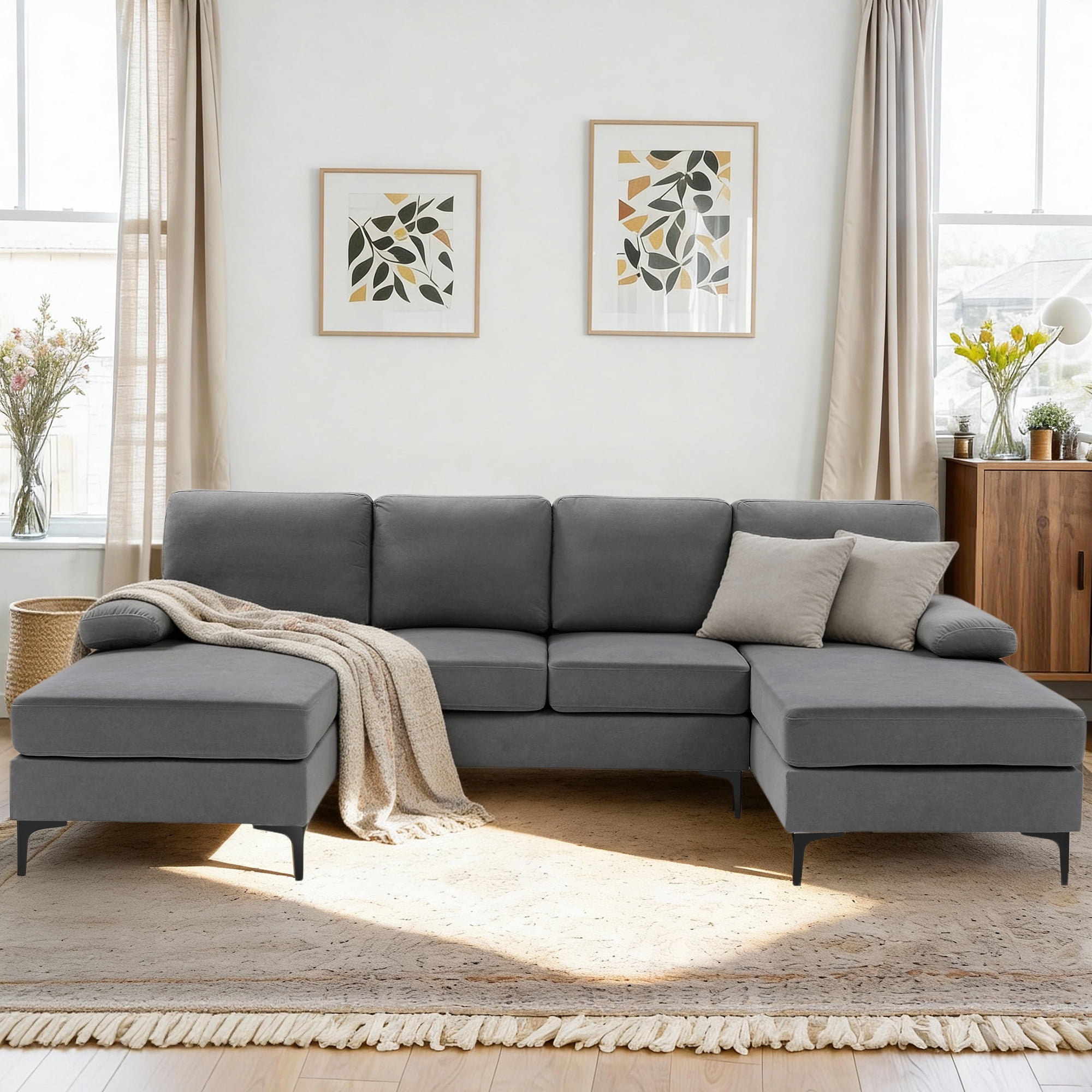 Aukfa 106" U-Shaped Sectional Sofa with Double Chaise Sleeper Sofa Couch for Living Room, Dark Gray