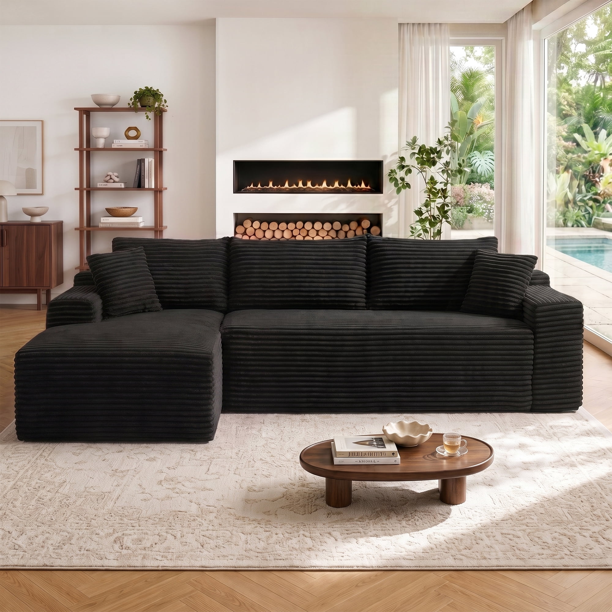 Aukfa 107" Boneless Modular Sectional Sofa, L-Shaped Corduroy Couch with Deep Seat and Left-Facing Chaise for Living Room, Black