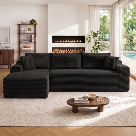 Aukfa 107" Boneless Modular Sectional Sofa, L-Shaped Corduroy Couch with Deep Seat and Left-Facing Chaise for Living Room, Black
