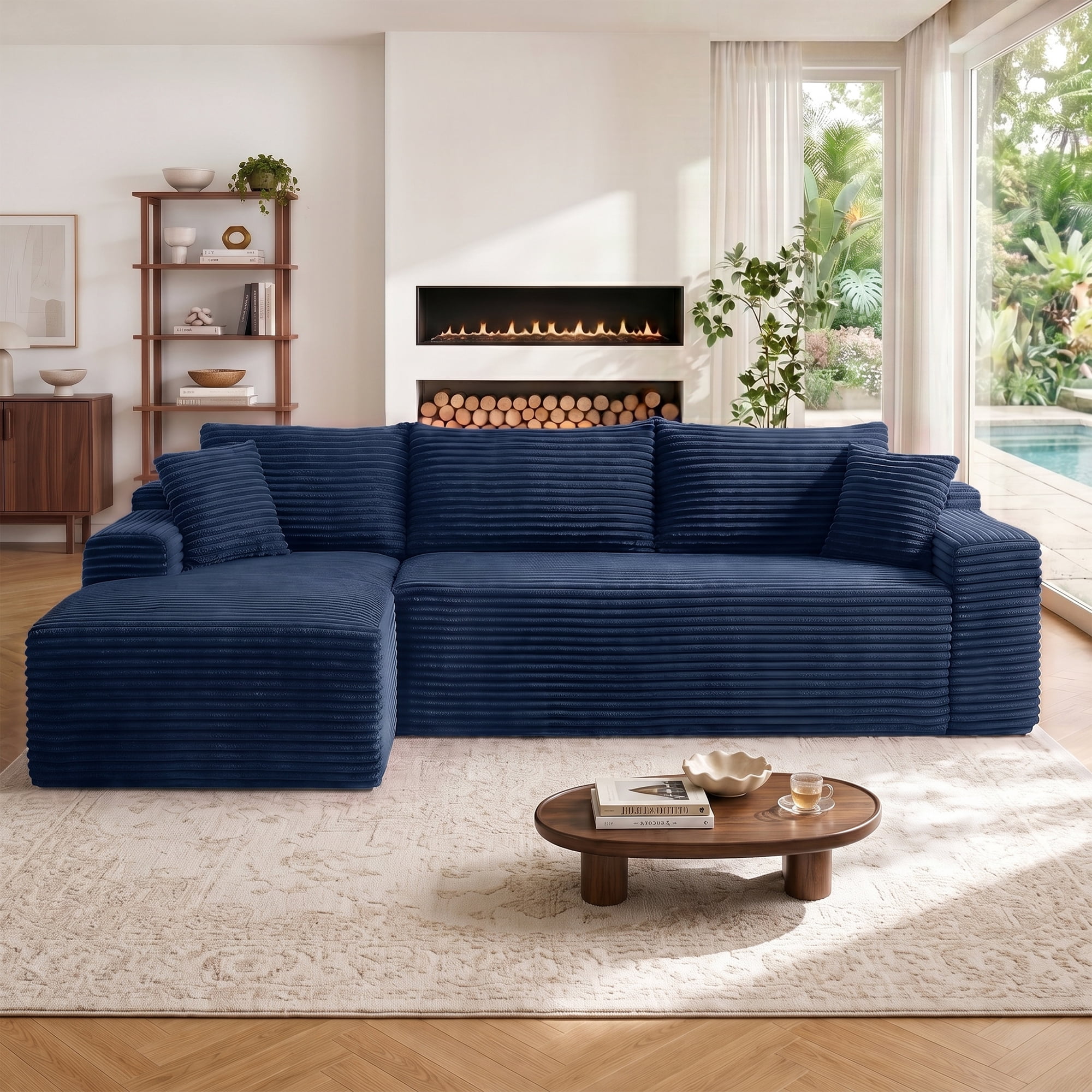 Aukfa 107" Boneless Modular Sectional Sofa, L-Shaped Corduroy Couch with Deep Seat and Left-Facing Chaise for Living Room, Blue