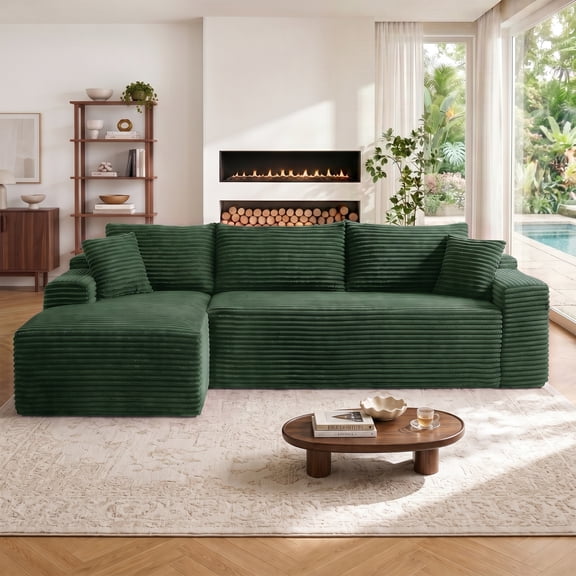 Aukfa 107" Boneless Modular Sectional Sofa, L-Shaped Corduroy Couch with Deep Seat and Left-Facing Chaise for Living Room, Emerald